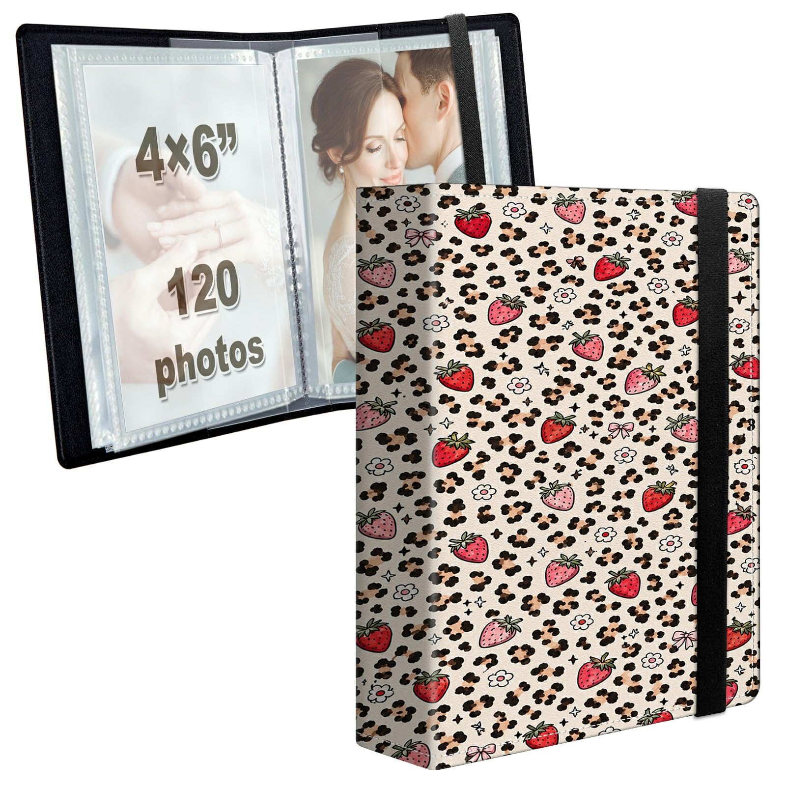 Photo Album 4x6 120 Photos with Strong Elastic Band, Strawberry Leopard