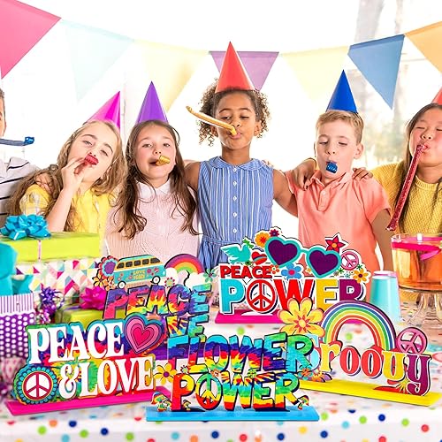 Miniatura 7 de Geetery 6 piezas de suministros de fiesta hippie de los años 60 Centros de mesa de madera Groovy para decoración de mesa Decoración de fiesta de