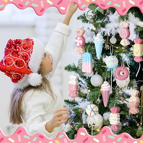 Miniatura 6 de Poen 12 adornos de Navidad de caramelo 2025 de 5.9 pulgadas, decoración de árbol de Navidad de caramelo rosa pastel, paletas grandes, dona, helado,