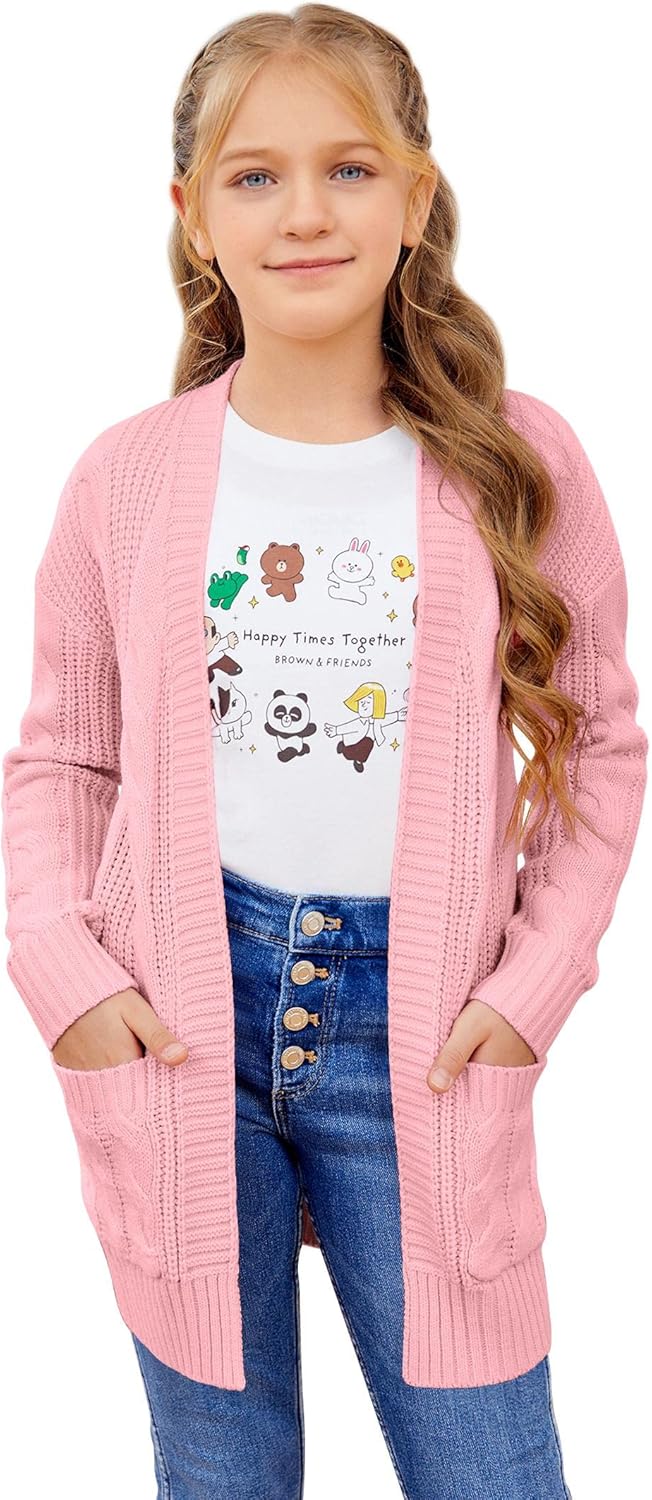 Batermoon Girls' Cardigan Sweaters Kids Cable Knit Casual Oversized Open Front Knitted Outerwear with Pocket - Image 3