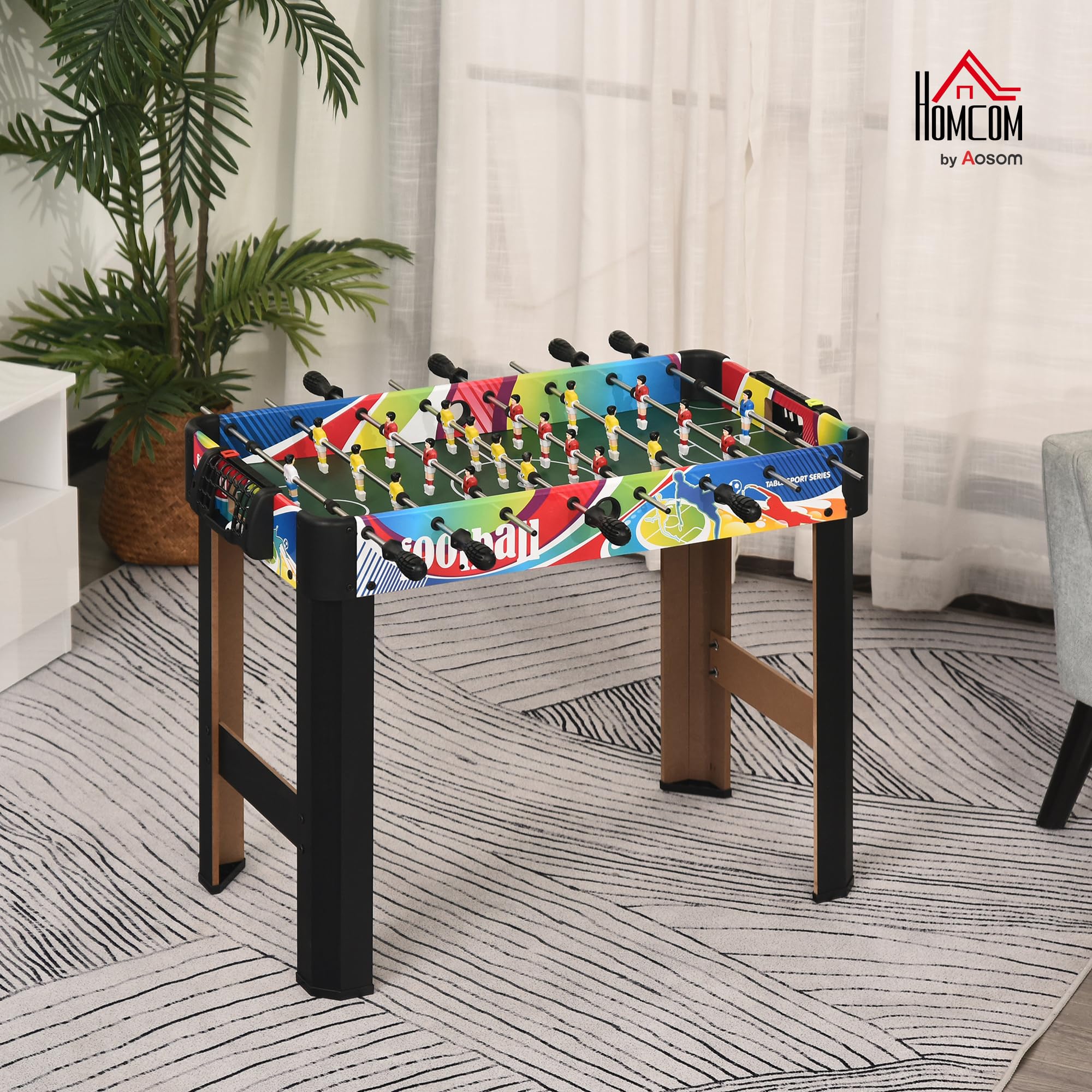 HOMCOM Calcio Balilla Classico con 2 Palline 86.5x43.5x63 cm Multicolore | 2 Tabelloni Segnapunti, Tavolo da Gioco, MDF, Acciaio Inox, Plastica