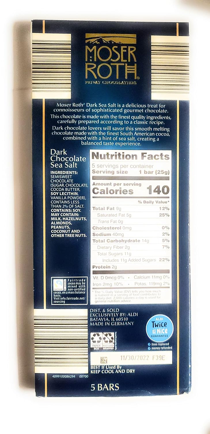 Moser Roth Dark Chocolate/Sea Salt Chocolate Bars, (6) Pack, Germany