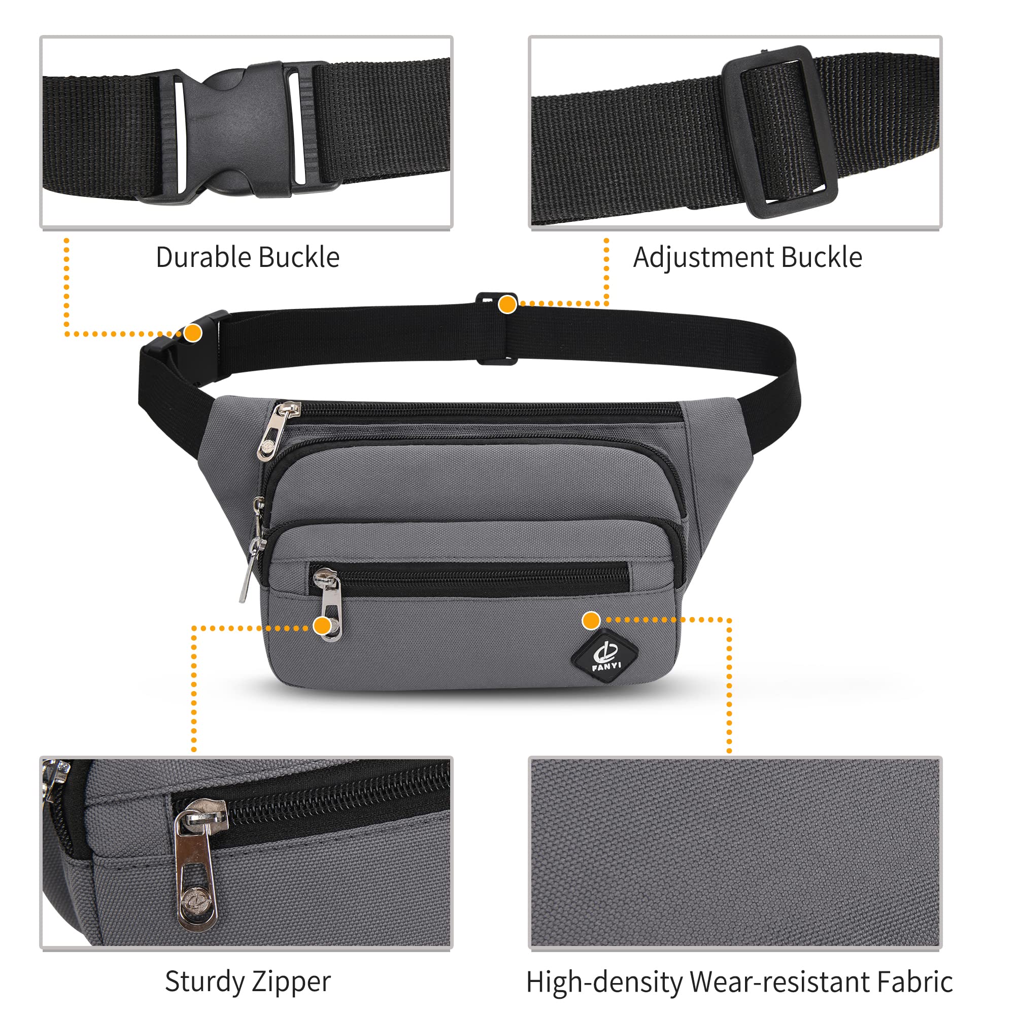 Sac Banane Taille Homme Femme Ville Sacs Banane Unisexe avec Ceinture allongée de 60 cm et Poches à 4 Fermetures à glissière Ceinture réglable pour la randonnée d'entraînement en Plein air (Gris)