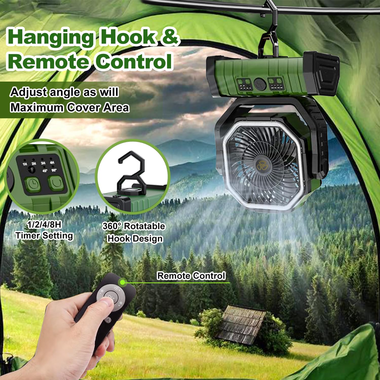Ventilador de camping recargable, F6 20000 mAh, ventilador portátil para exteriores con linterna LED, funciona con pilas inalámbricas, gancho colgante de 360°, ventilador de escritorio de 4