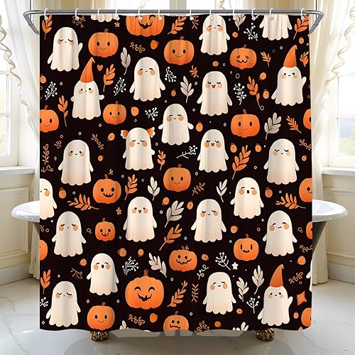 Miniatura 4 de Cortina de ducha de fantasma de Halloween, diseño de calabaza espeluznante, hojas retro, divertida tela de dibujos animados para decoración de baño,