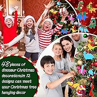 Vista 4 de Remerry 48 piezas de adorno de dinosaurio de Navidad para niños, figuras de dinosaurio de madera, adorno colgante para árbol de Navidad