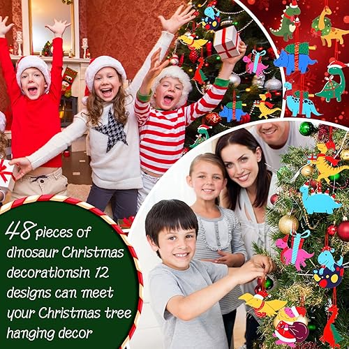 Miniatura 4 de Remerry 48 piezas de adorno de dinosaurio de Navidad para niños, figuras de dinosaurio de madera, adorno colgante para árbol de Navidad para