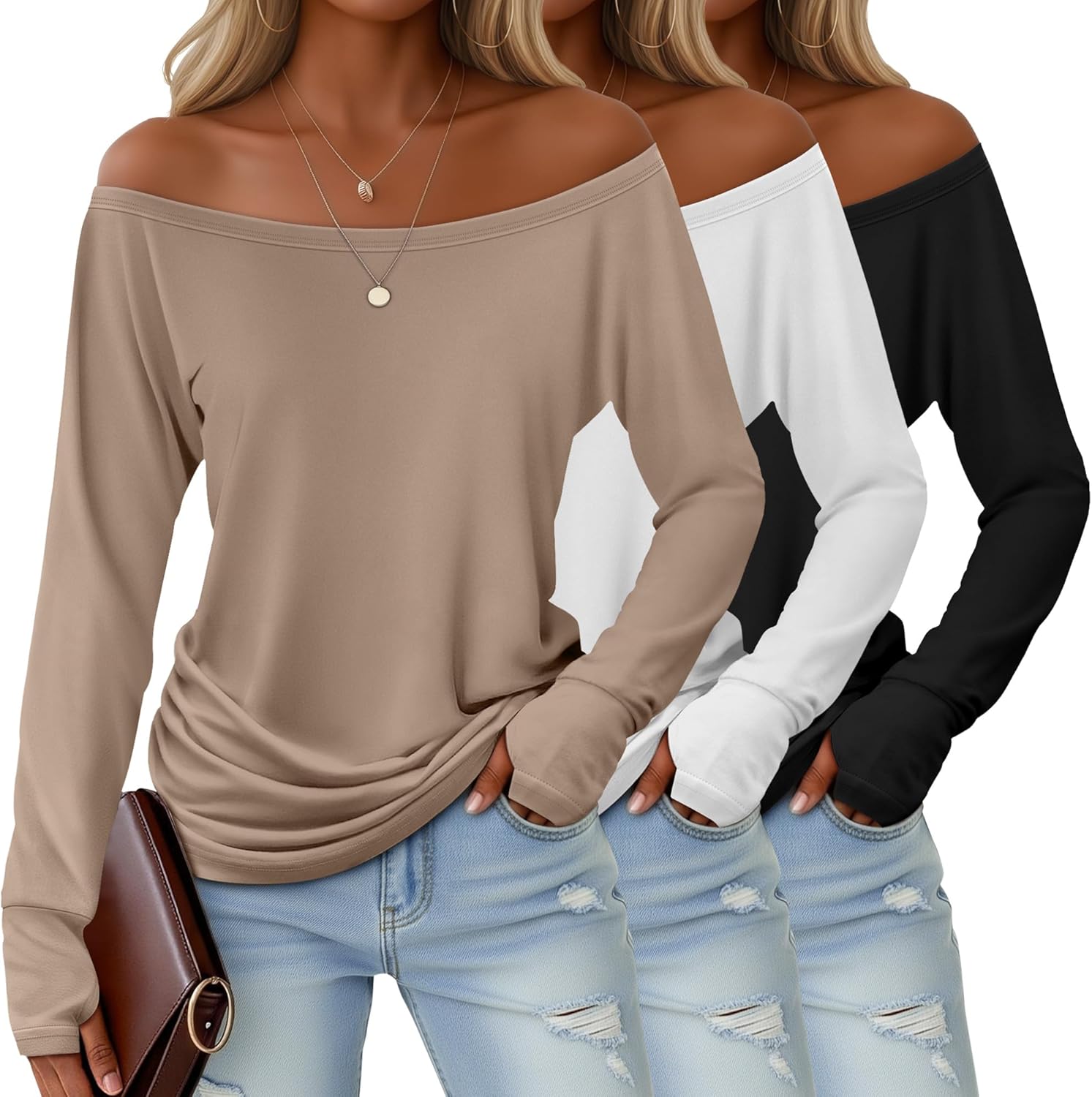 Huukeay 3 Pack Off The Shoulder Boat Neck Tops for Women, Long Sleeve Thumbhole Side Ruched Shirts Loose Causal Tunic Tees