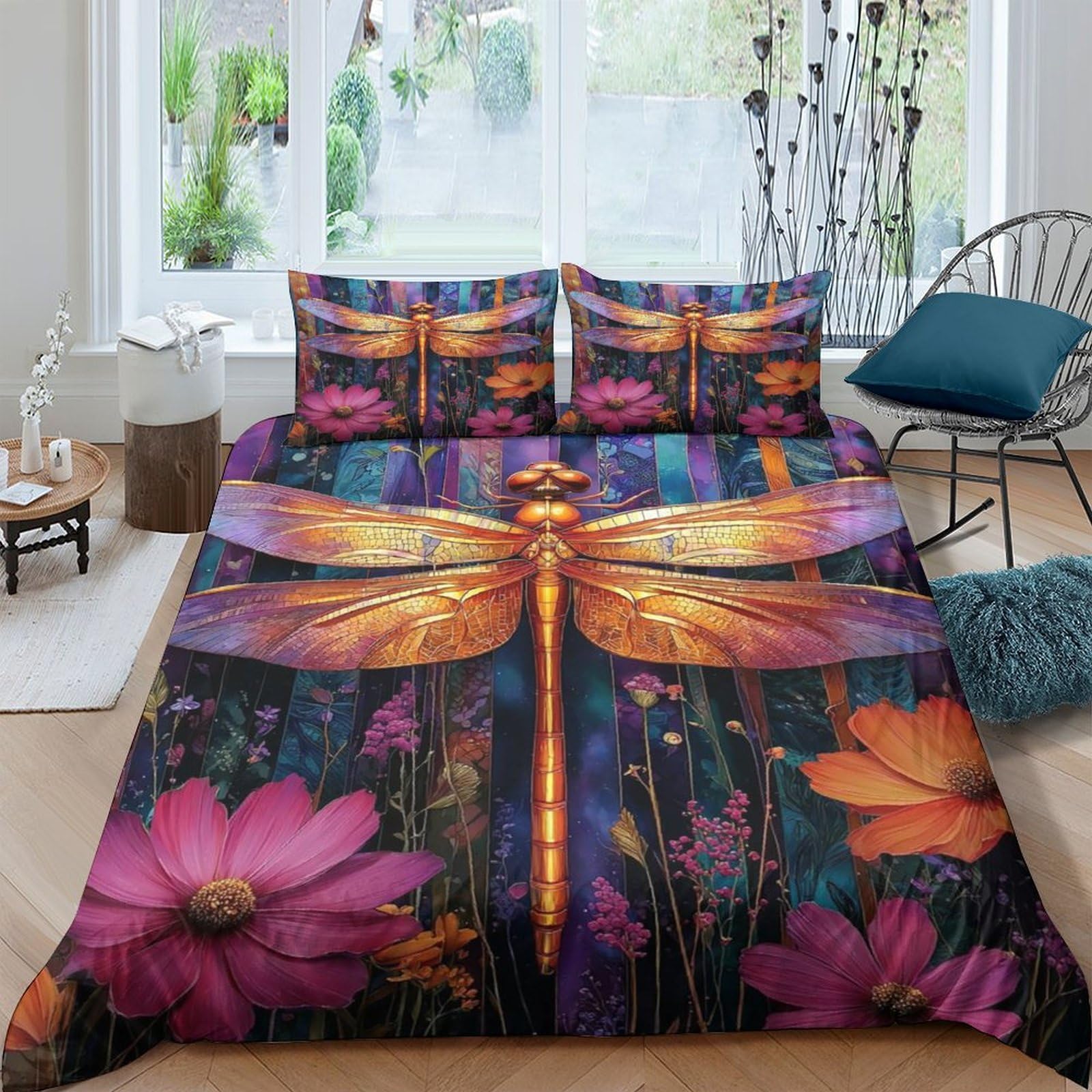 Ctjqhvkz Style-1 3D Printed Golden Dragonfly Fitted Sheet Microfiber Soft Floral Bed Cover Bedroom Dorm Decor Mattress Protection Single（135X200cm）