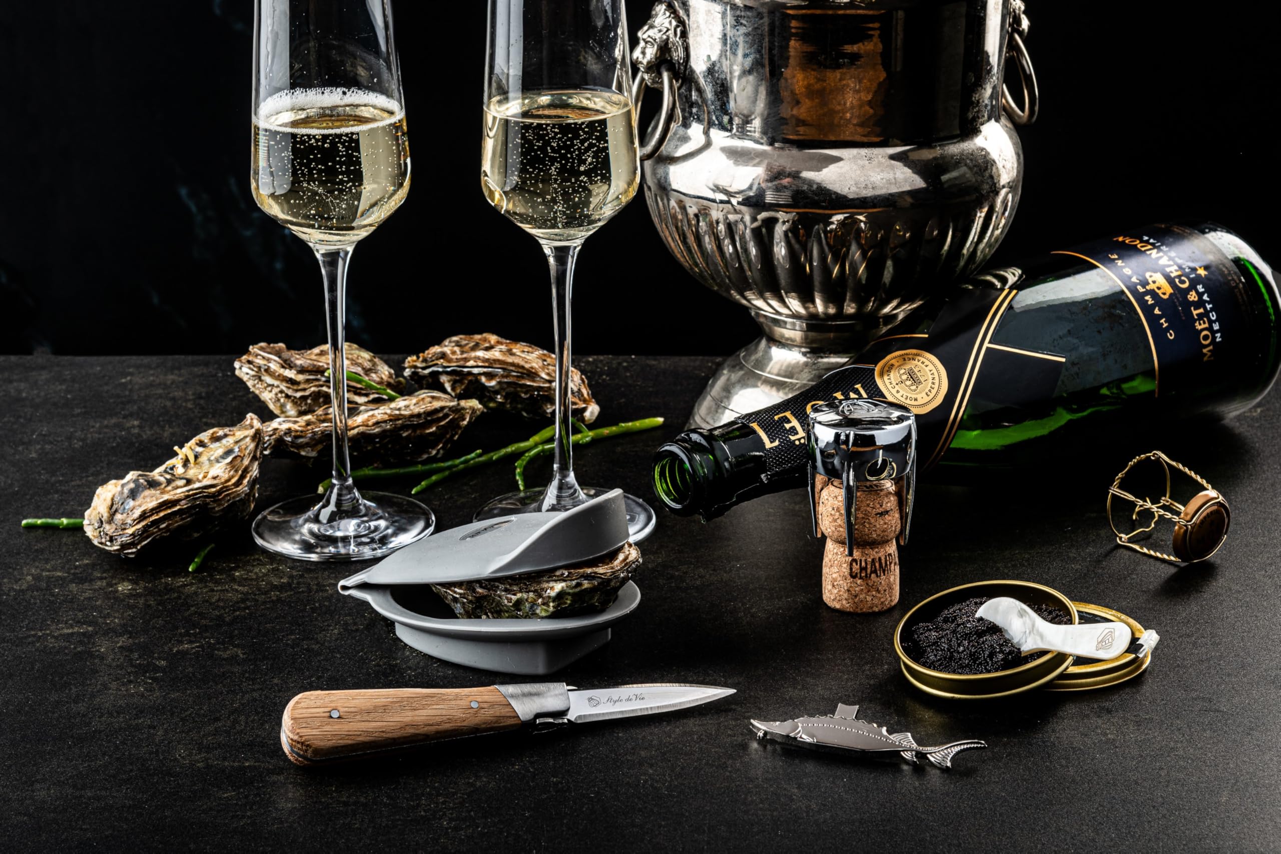 Laguiole Style de Vie Austernmesser, Kaviar set mit Champagneröffner, The Exclusive Edition, 5-telige set