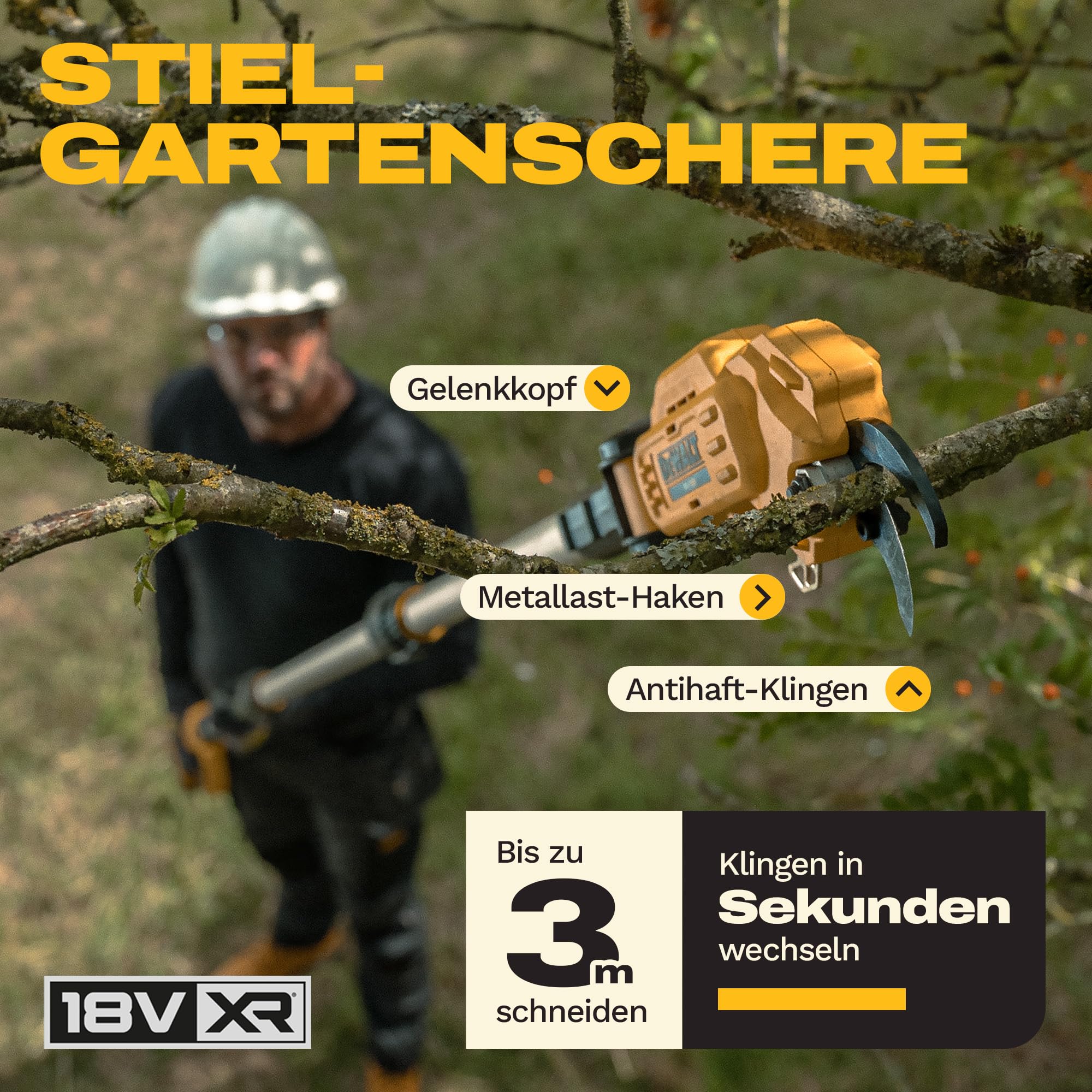 DEWALT 18V XR Professioneller Hochentaster; Leistungsstarkes, präzises Schneiden für hohe Äste, Nur Gerät, DCMPP569N-XJ