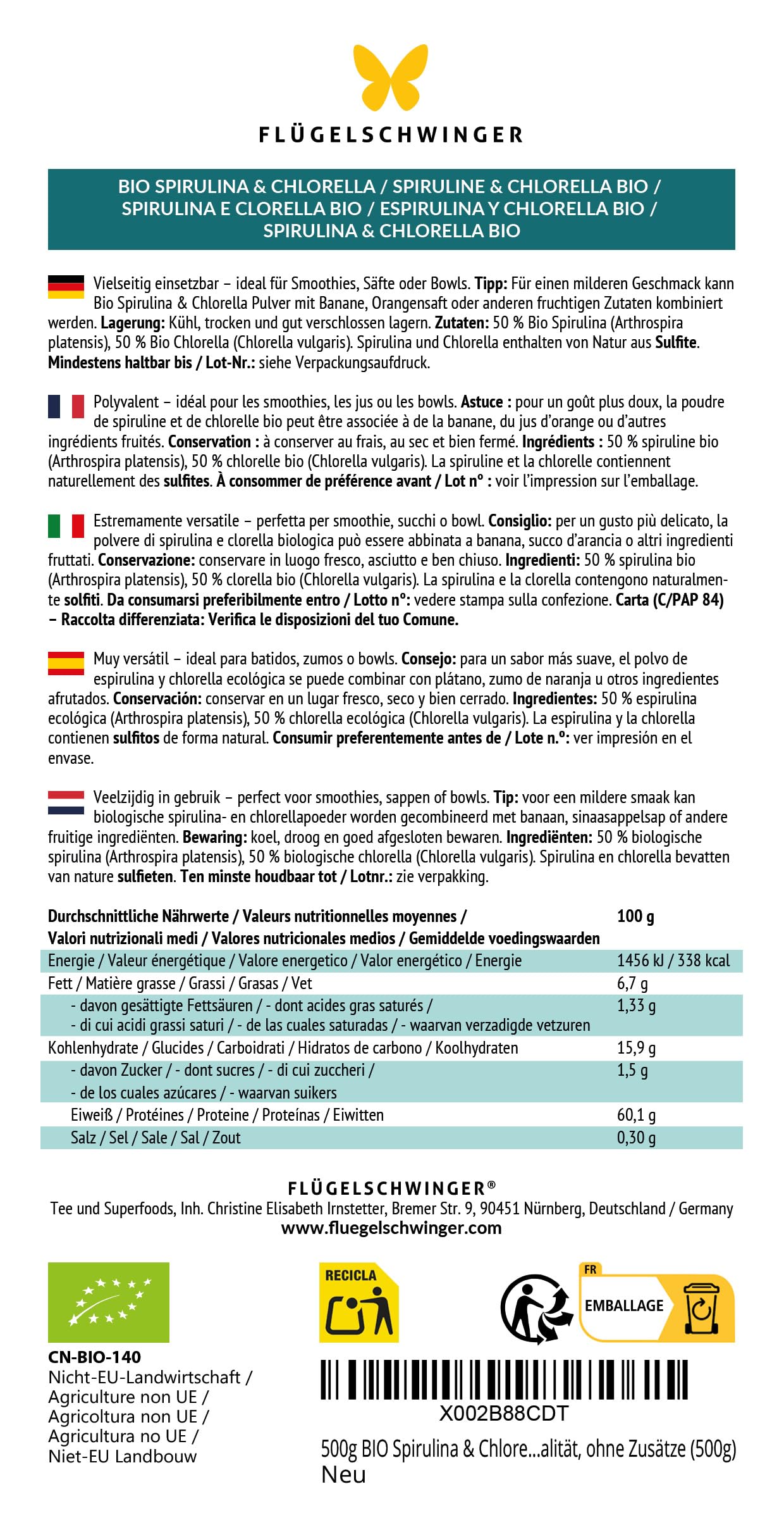 500g de polvo BIO de espirulina y chlorella, 100% natural, controlado de residuos, cultivado y producido según el estándar ecológico de la UE, calidad crudivegana, sin aditivos