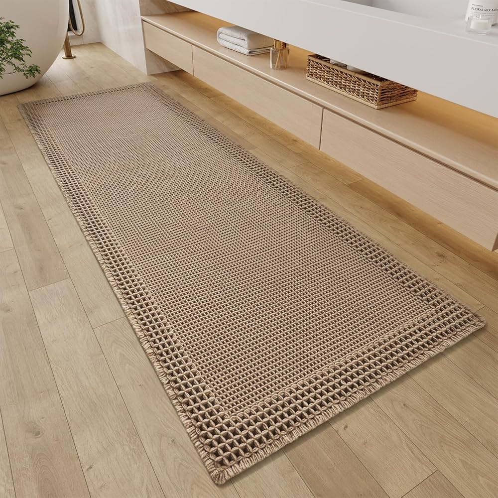 RESARE Waffle Bathroom Runner Rugs, Super Absorbent Bath Mat Non Slip Washable Quick Dry, Upgraded Ultra Soft Boho Bath Rugs with Tassels for Hallway Bedroom Laundry Room, 2'x6'(24"x72"), Brown