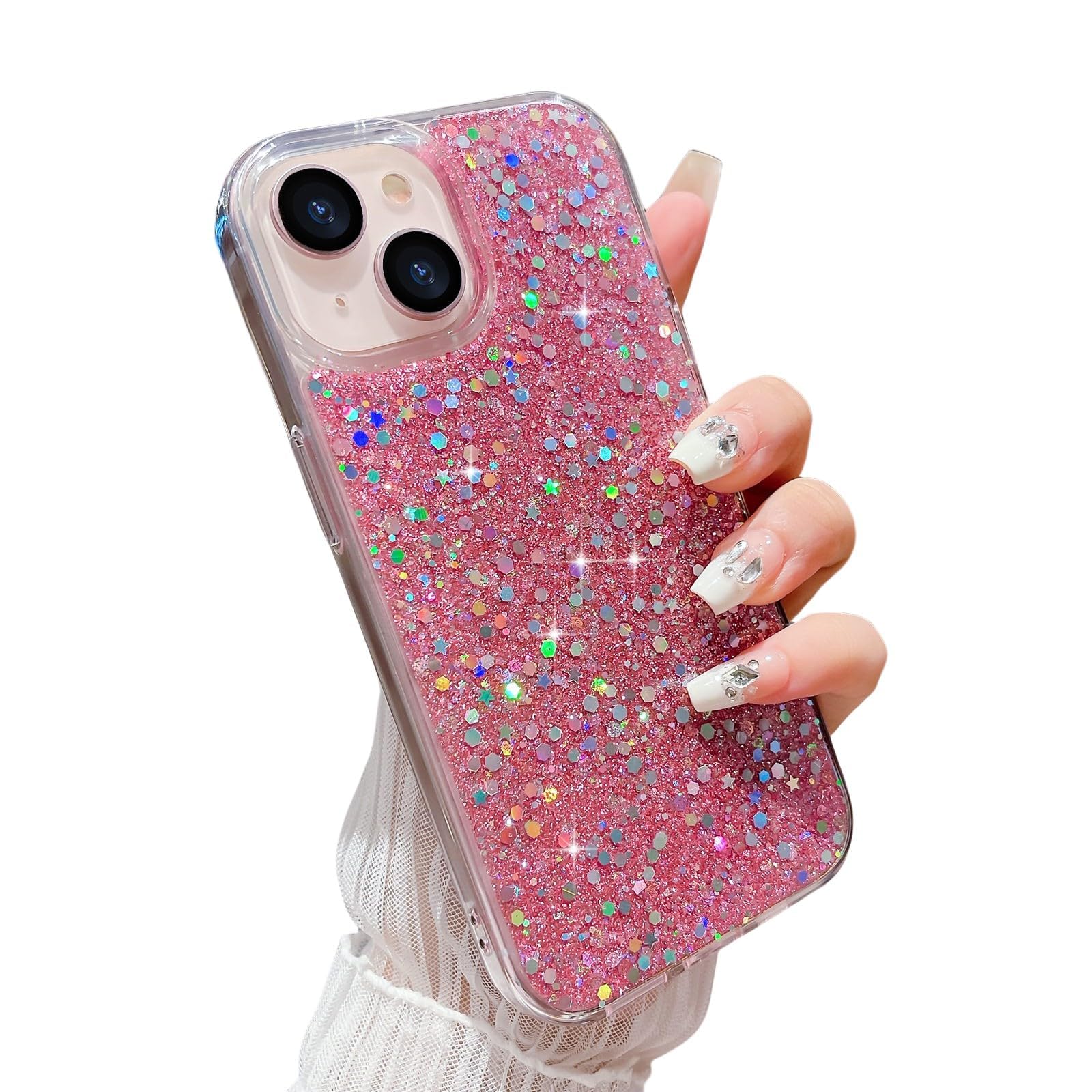 LCHULLE for iPhone 15 Case Bling Glitter for Women Girls Cute Shiny Sparkle Sequin Stars, Soft TPU Silicone Cover Shockproof Anti-Scratch Protective