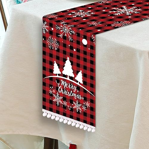 Camino de mesa de Navidad, mantel a cuadros de búfalo rojo y negro de 108 pulgadas con pompones, árbol impreso y copo de nieve para comedor, cocina,