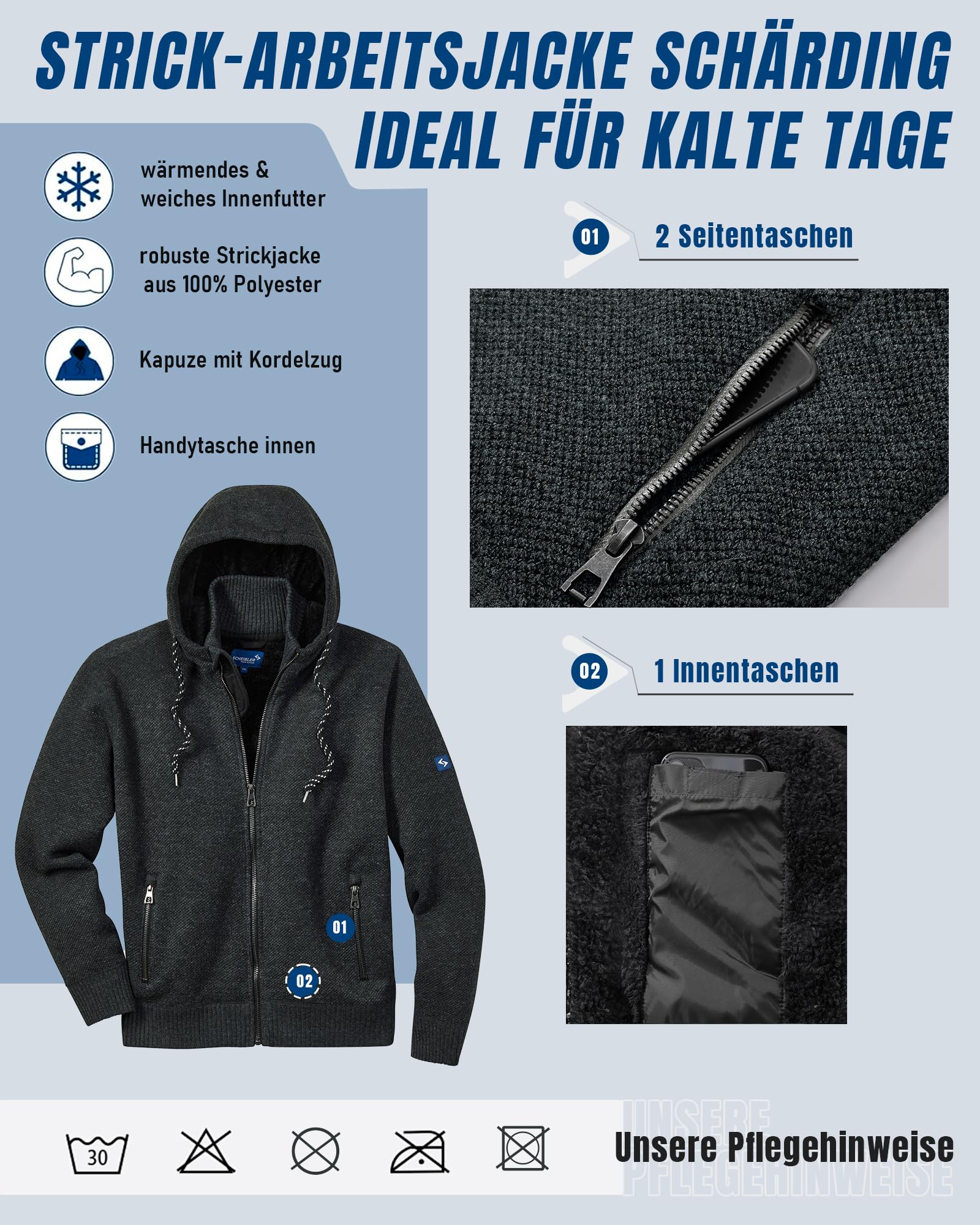 Scheibler Arbeitsjacke Herren Winter - gefütterte Arbeitskleidung Männer - Workwear Herren Strickjacke mit Reissverschluss - Strick-Winterarbeitsjacken Herren mit Kapuze