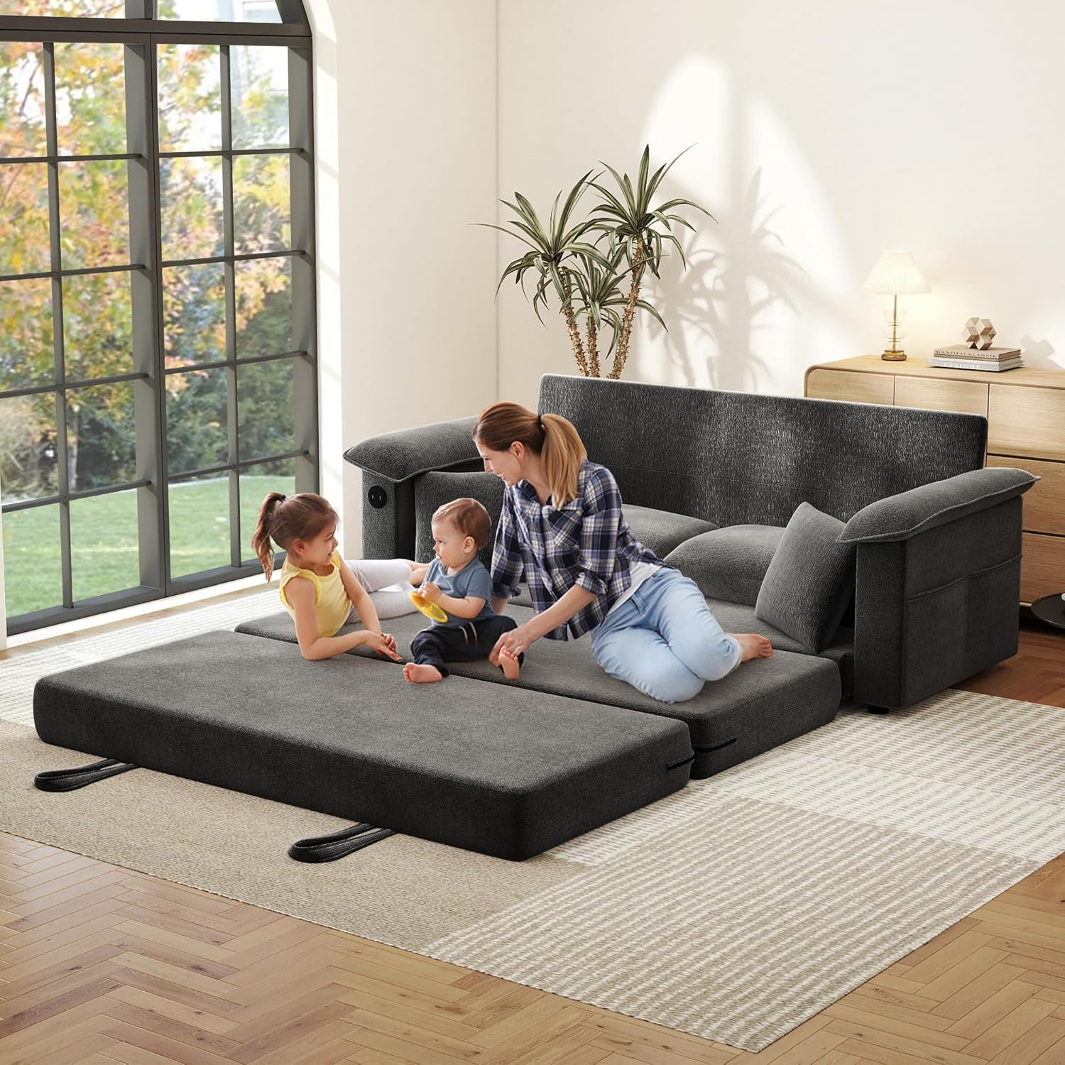 SUNWAVE 77" Sleeper Sofa Convertible Sofa Bed with USB Ports & Side Pockets, Chenille Loveseat Pull Out Couch with Full Size Sleeping Area, Folding Sofa Bed for Living Room & Small Spaces (Black)
