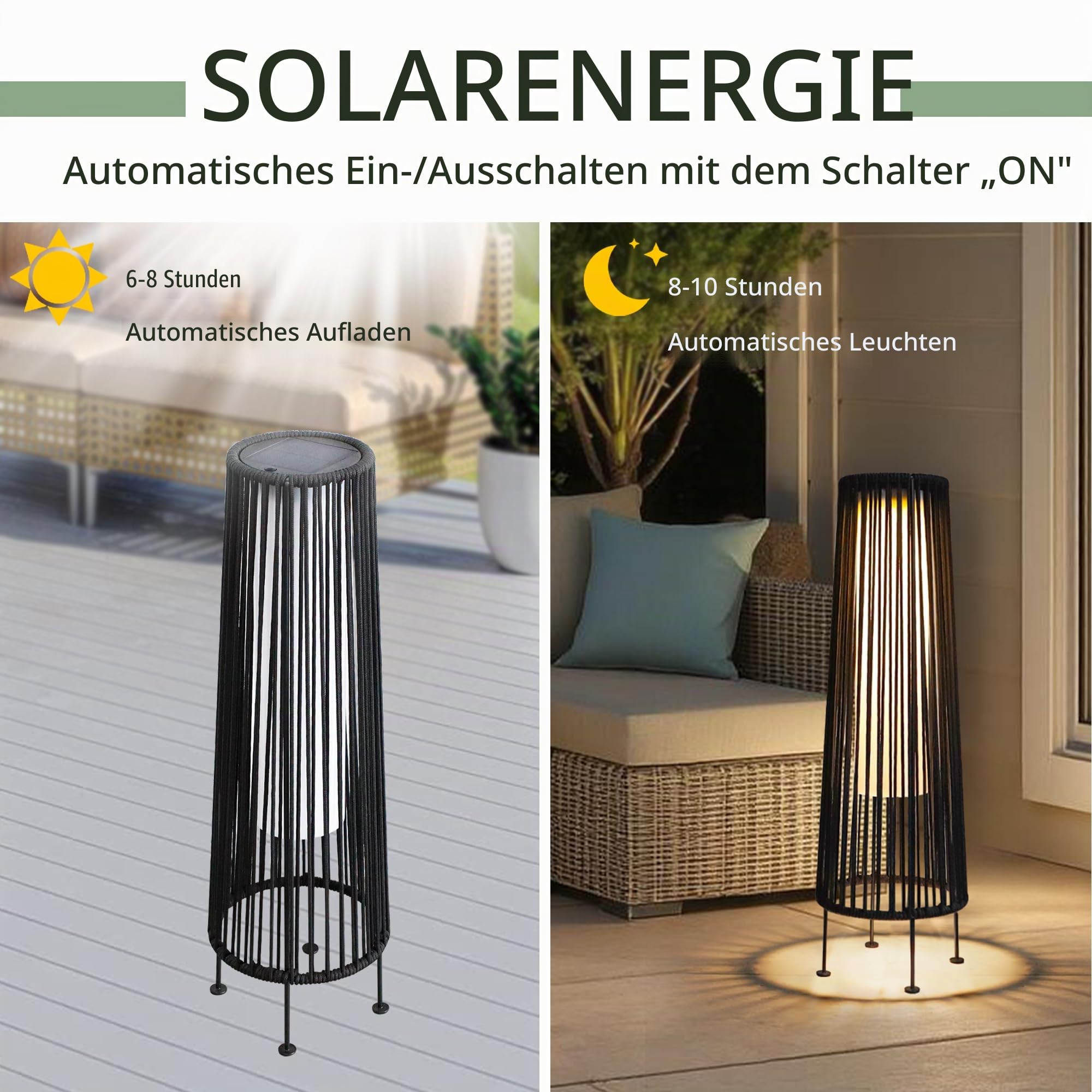 TRIROCKS Außenstehlampe, 2-Teilige Solarbetriebene Laterne, Geflochtene Solar-Terrassenlampe mit Olifen-Seil, Wasserdichtes Rattan-Solar-Decklicht (Schwarz)
