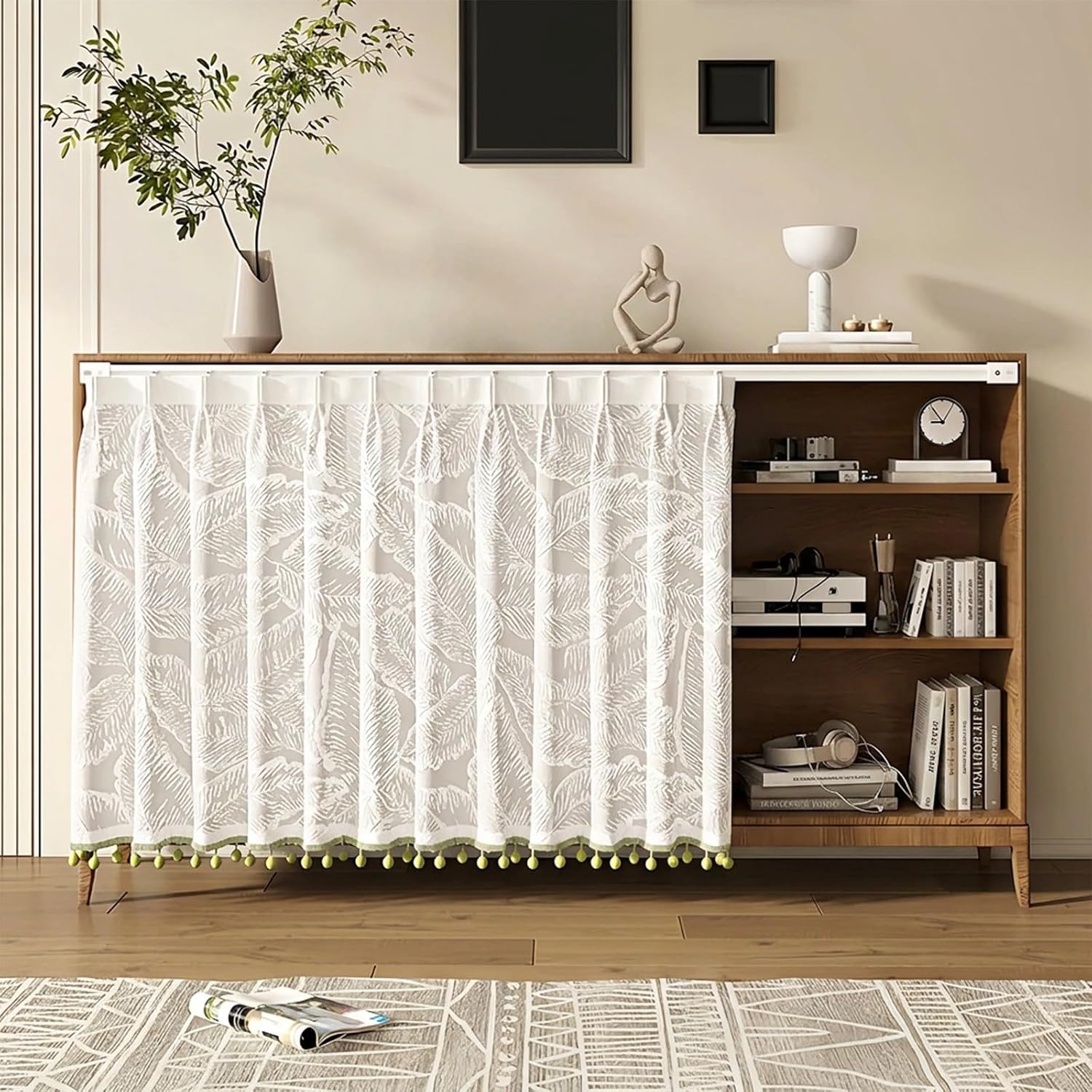 Pleated Cabinet Curtain,Punch‑Free Sheer,Pom‑Pom Tassel
