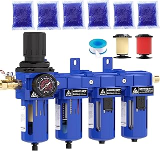 3/8 Inch NPT 4 Stage Air Drying System,Brass Filter, Coalescing Filter,Double Desiccant Dryers & Air Regulator,Metal Bowl, Semi-Auto Drain,Industrial Grade(Blue)