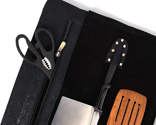 Miniatura 7 de Bolsa de piel para guardar cuchillos, 10 bolsillos elásticos y expandibles, correa ajustabledesmontable para el hombro, estuche de viaje para