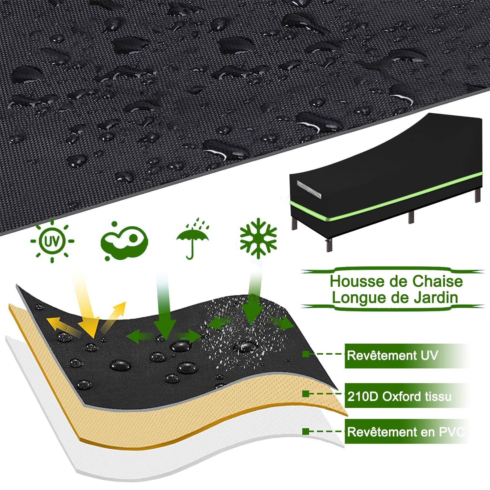 Housse de Chaise Longue de Jardin 2 pcs, Imperméable, Résistance au Vent, Anti-UV, Tissu Oxford 210D Housse avec Grilles D’aération et Bande Réfléchissante pour Chaise Longue de Jardin- 200x75x40/70cm