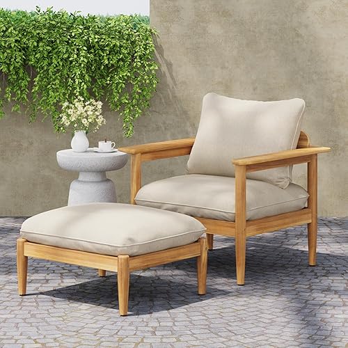 Terassi Outdoor Acacia Wood Lounge Set with Chair, Ottoman Beige,