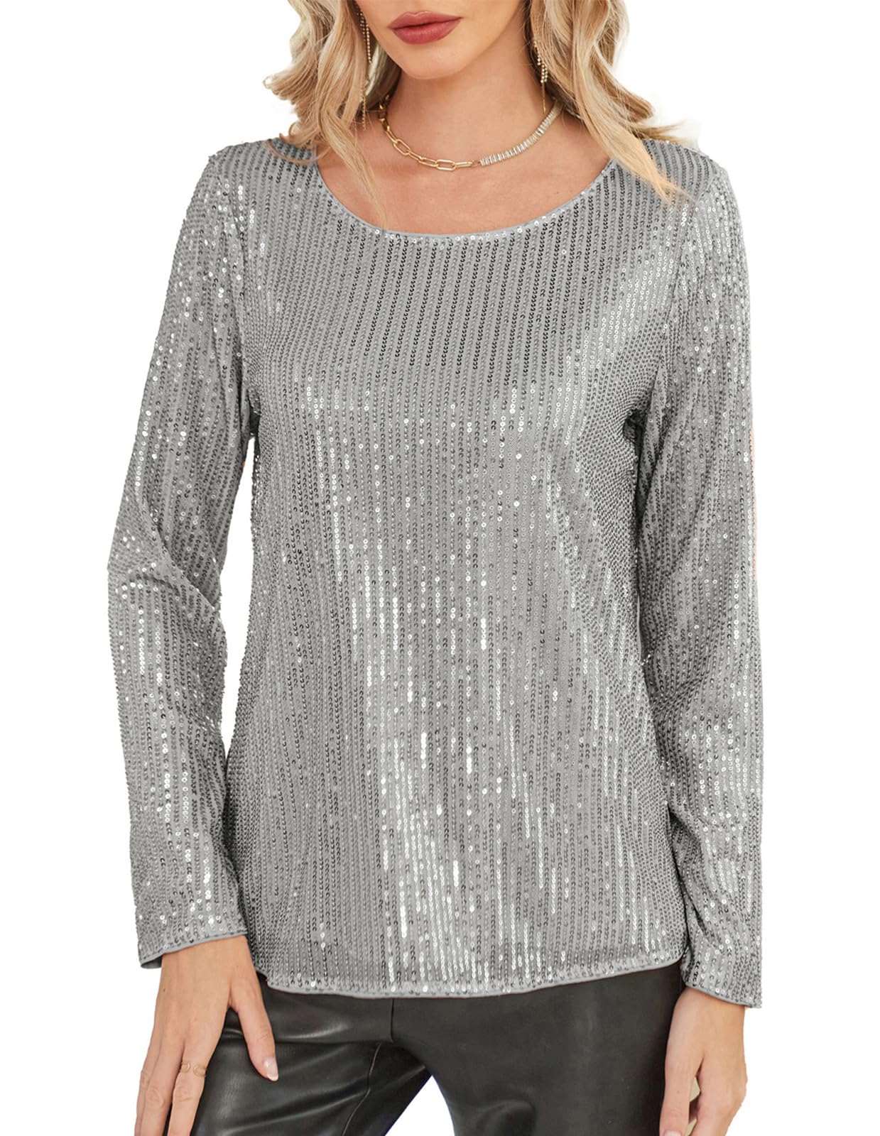 GRACE KARINSequin Tops for Women Sparkly Top Glitter Evening Party Shiny Split Mesh Back Long Sleeve Blouses