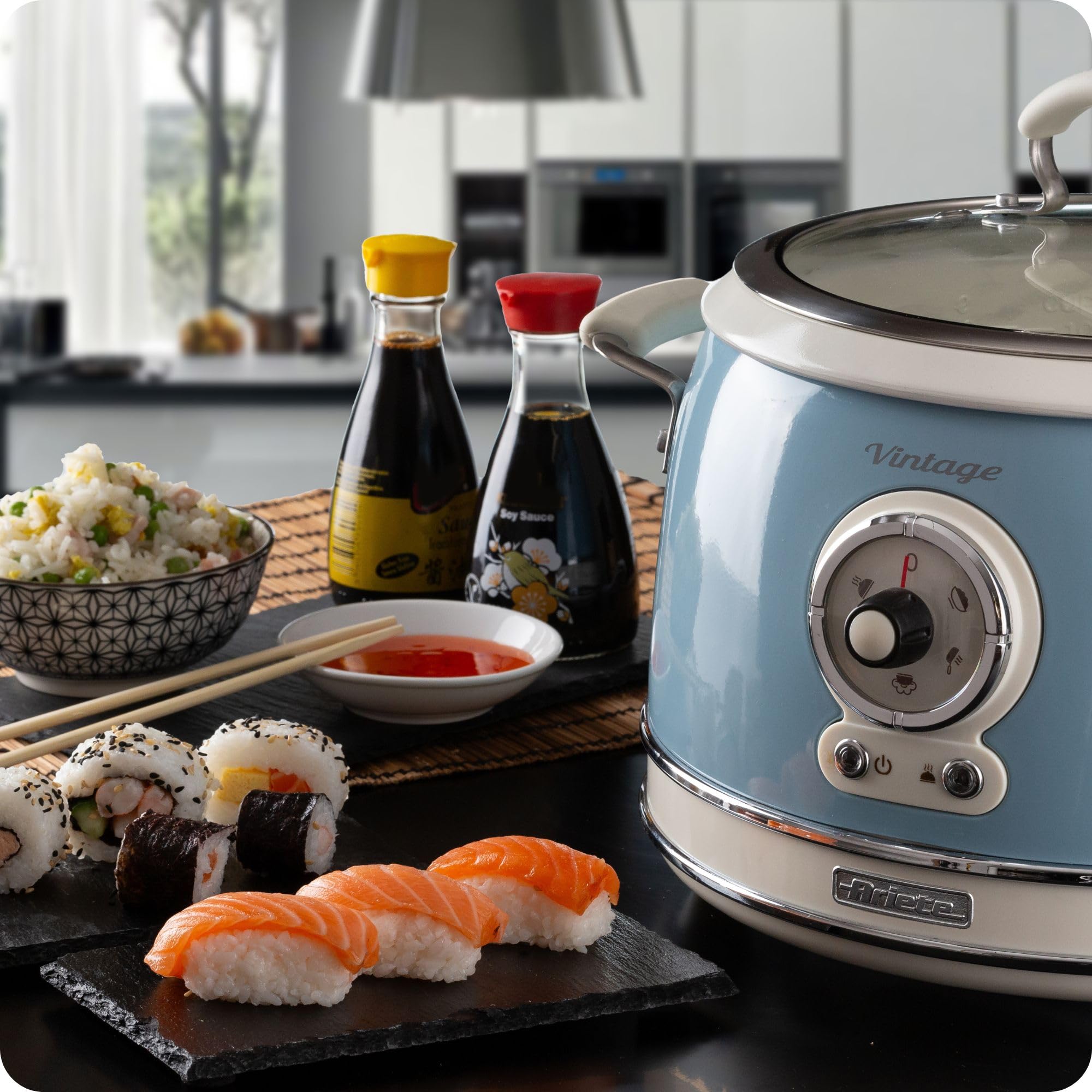 Ariete 2904 Vintage Rice Cooker, Reiskocher Slow Cooker, Dampfgarer, Vintage-Linie, 3,5 l, antihaftbeschichtete Keramikbeschichtung, 650 W, Pastellblau
