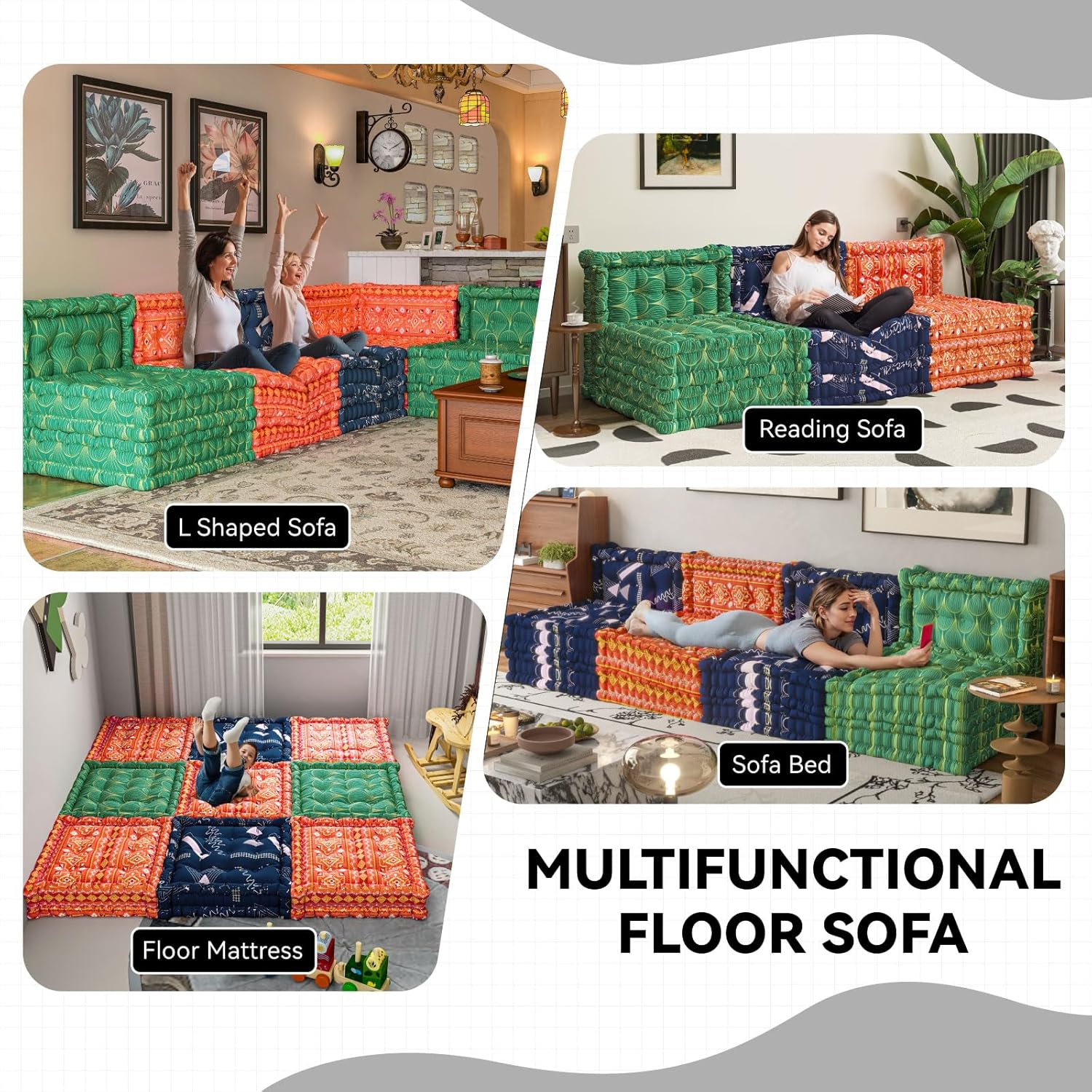 WOWMAX Floor Sofa Couch Bed Convertible Lazy Sofa Sleeper Bed Floor Chair Bed Mattress Oversized Floor Pillow Ideal for Reading & Gaming, Home Decoration，Blue