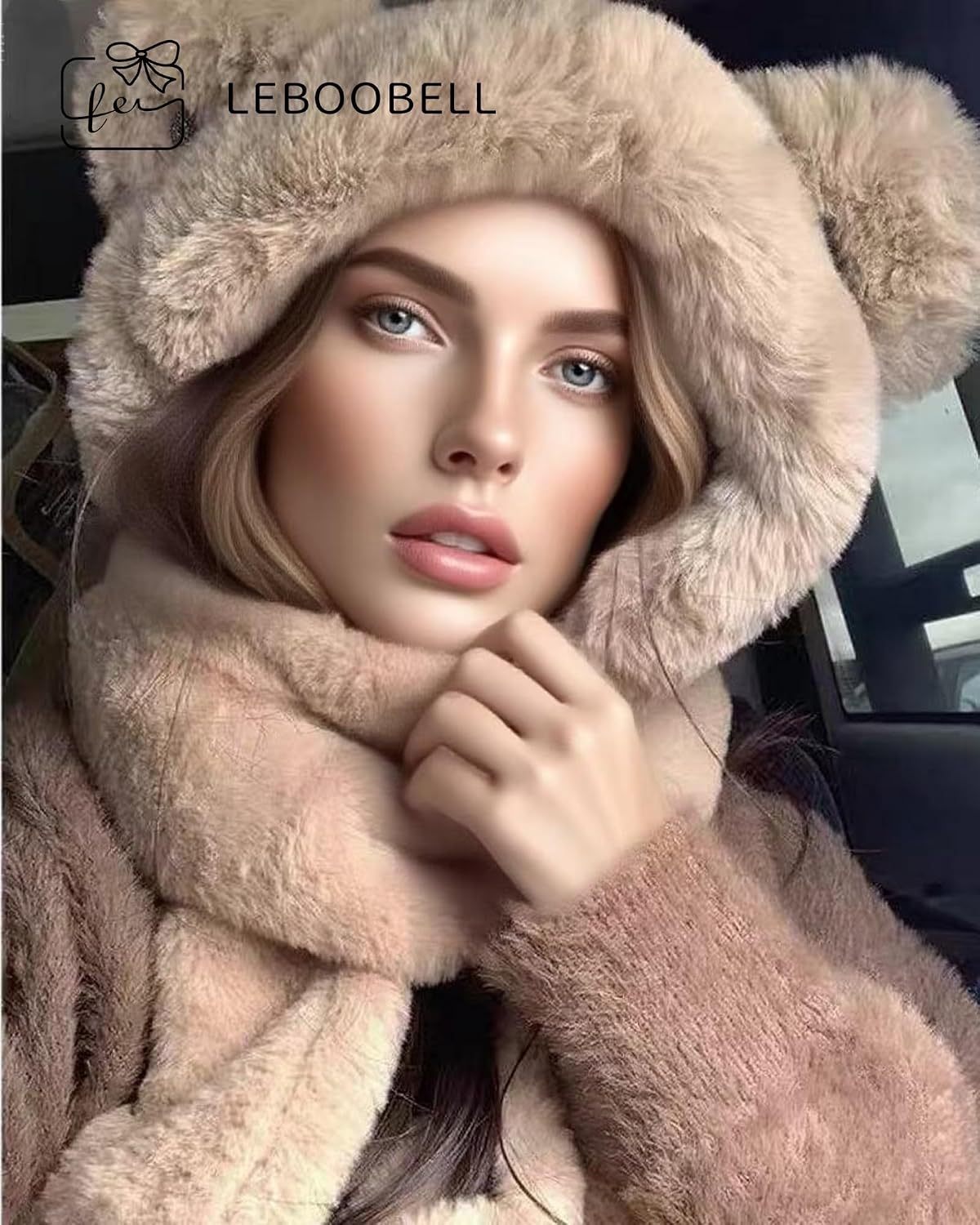 Women's Bear Plush Hooded Scarf with Mitten Soft Cute Muffler Cap Mitten Set Fall Winter image 4