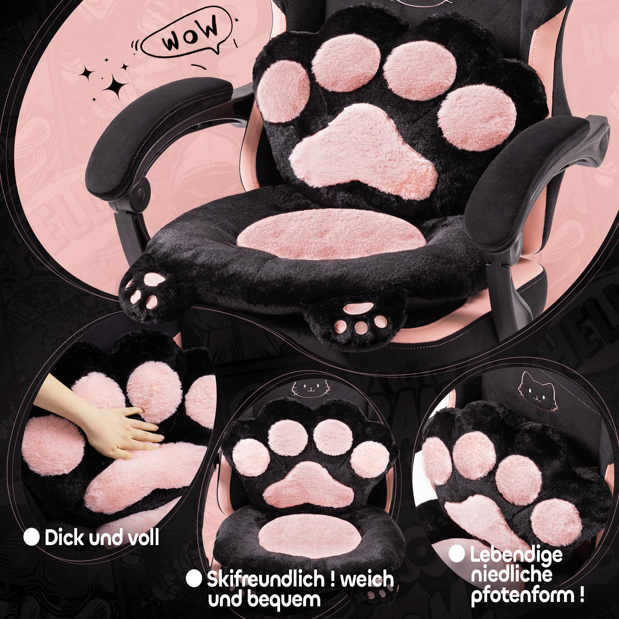 Sedia da gioco con zampa di gatto, cuscino lombare e orecchie di gatto, in velluto, ergonomica, con poggiapiedi, per ragazze, adolescenti, bambini, colore nero e rosa