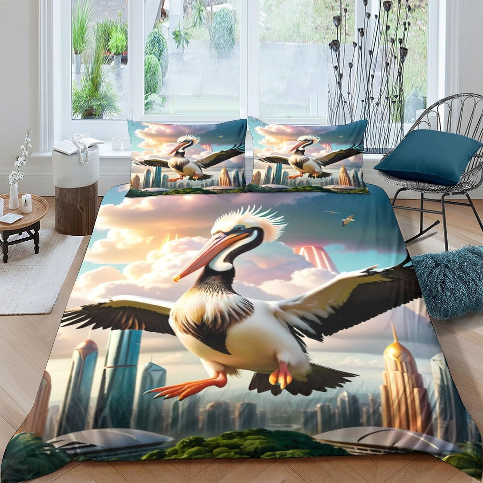 GPLZQXKJNH 3D Printed Pelican Cityscape Duvet Cover Microfiber Soft Breathable Urban Skyline Bedding Set with 2 Pillowcases for Bedroom Decor Single（135x200cm）