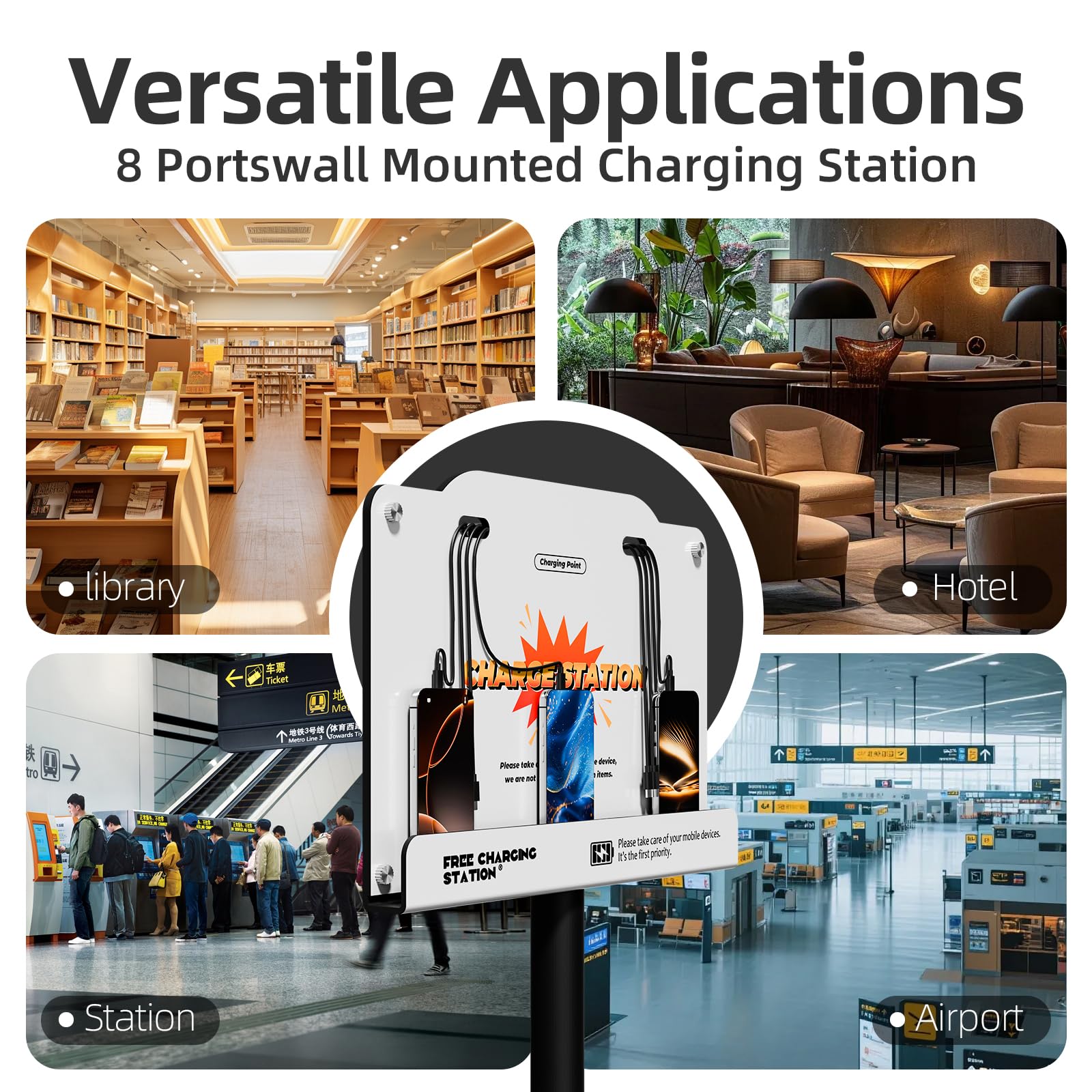 Estación de carga de pared de 8 puertos con cables universales, base de carga rápida para iPhone, Android y dispositivos tipo C, perfecta para oficina, aeropuerto, hotel y escuela (blanco)