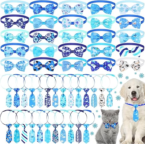 Juego de 50 corbatas de invierno para perro con lazo, corbatas ajustables para gatos, juego de corbatas de muñeco de nieve, copo de nieve,