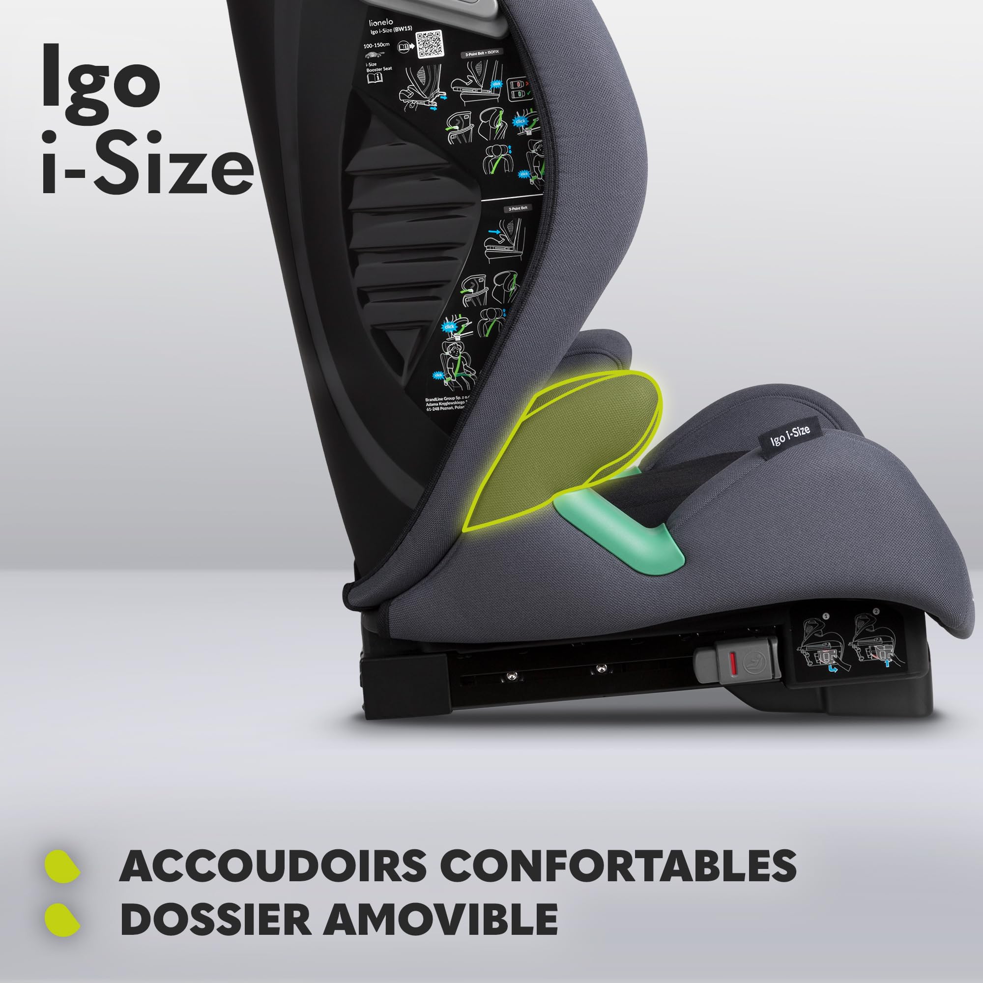 LIONELO IGO I-size Siège-auto pour enfants, groupe 2 3, de 100 à 150 cm ISOFIX ou fixation frontale sans ceinture, dossier et appui-tête réglables avec dossier amovible (Grey)