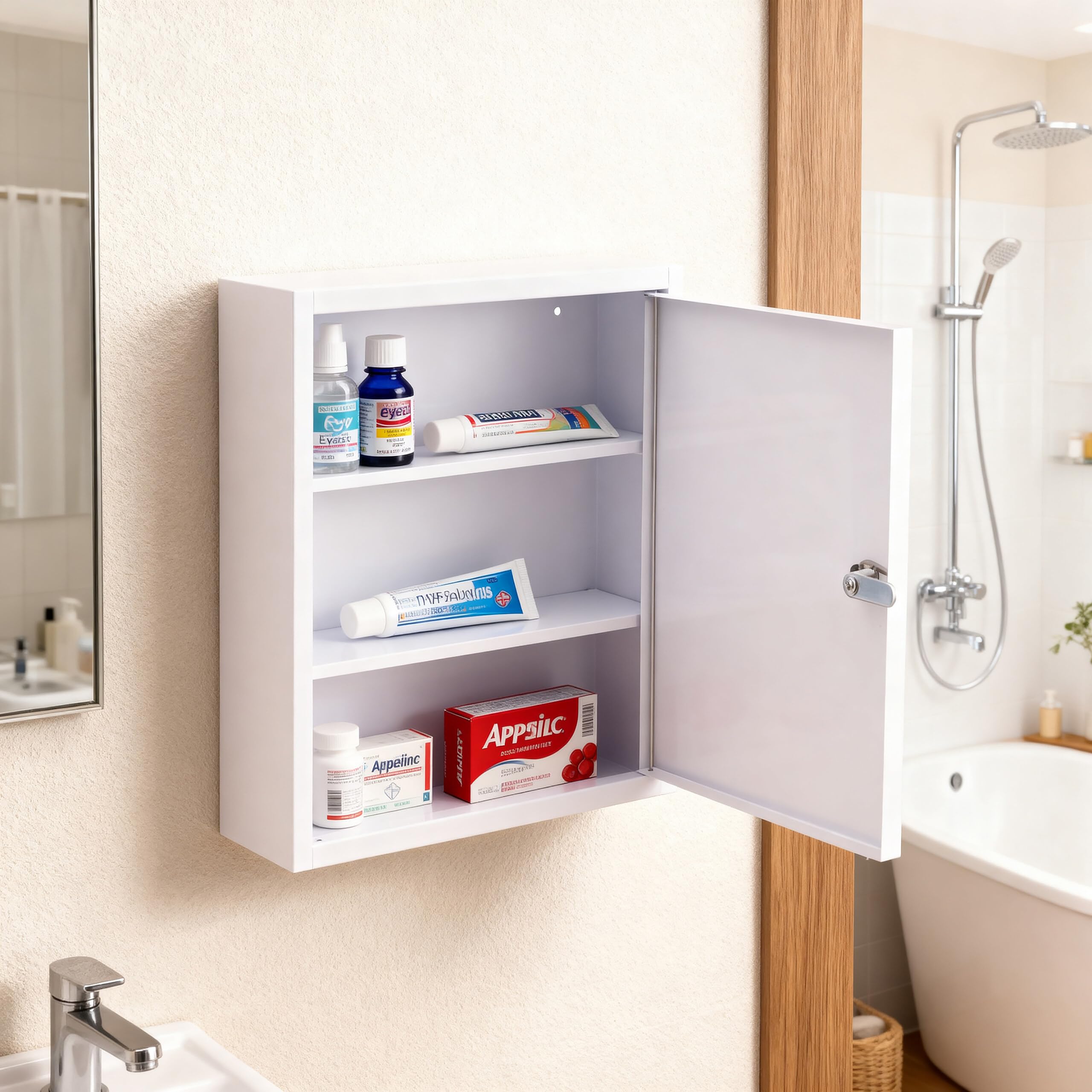 Relaxdays Armoire à Pharmacie verrouillable, 3 Compartiments, HxLxP 36 x 31,5 x 10 cm, pour médicaments, Blanc/Vert