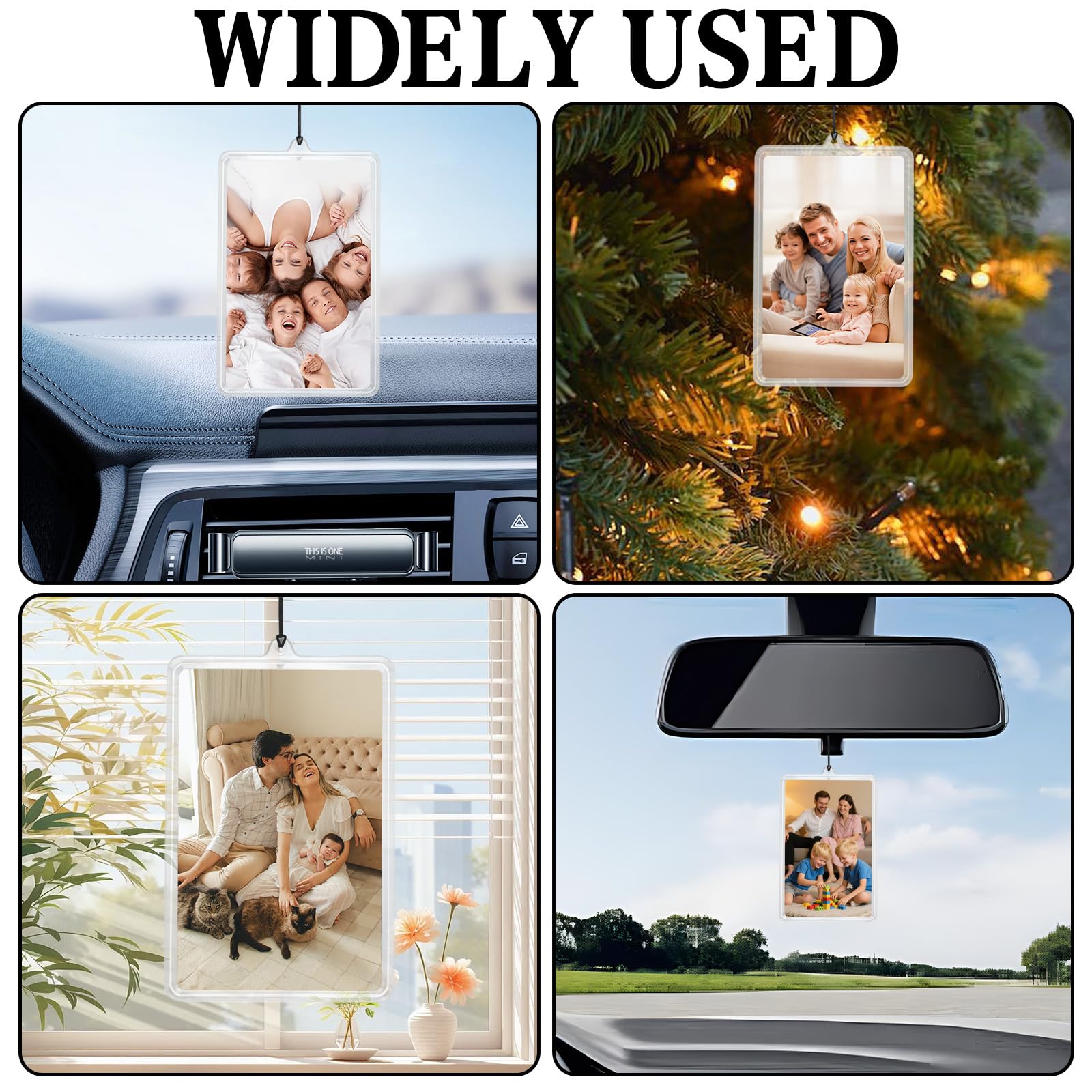 HINGTAI Marco de fotos para coche con 4 tarjeteros transparentes y cuerda negra, adorno personalizado para espejo retrovisor