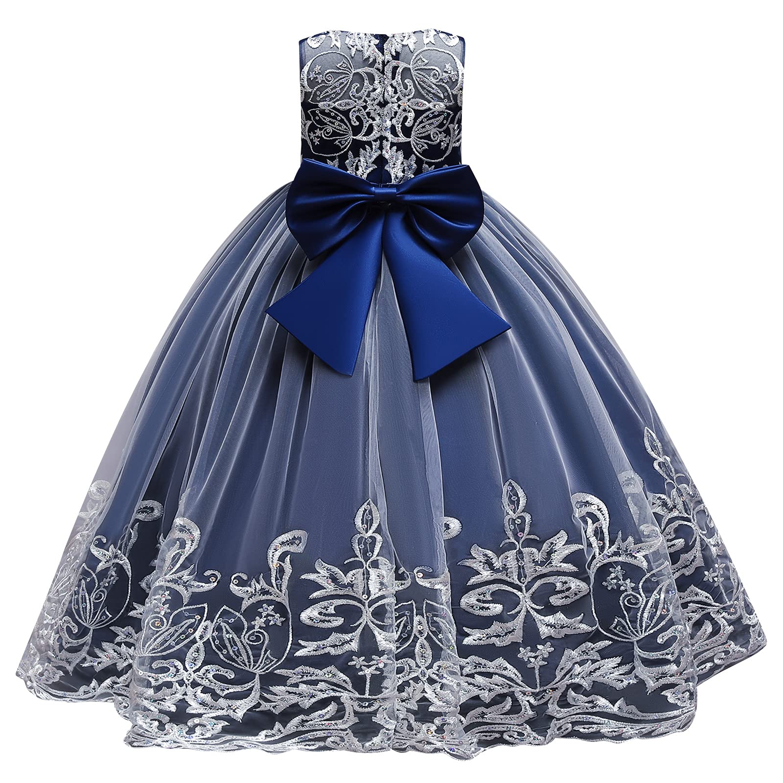 Flower Girl Lace Dress for Kids Wedding Bridesmaid Pageant Party Formal Long Gown Princess Communion Tulle Bow Dresses