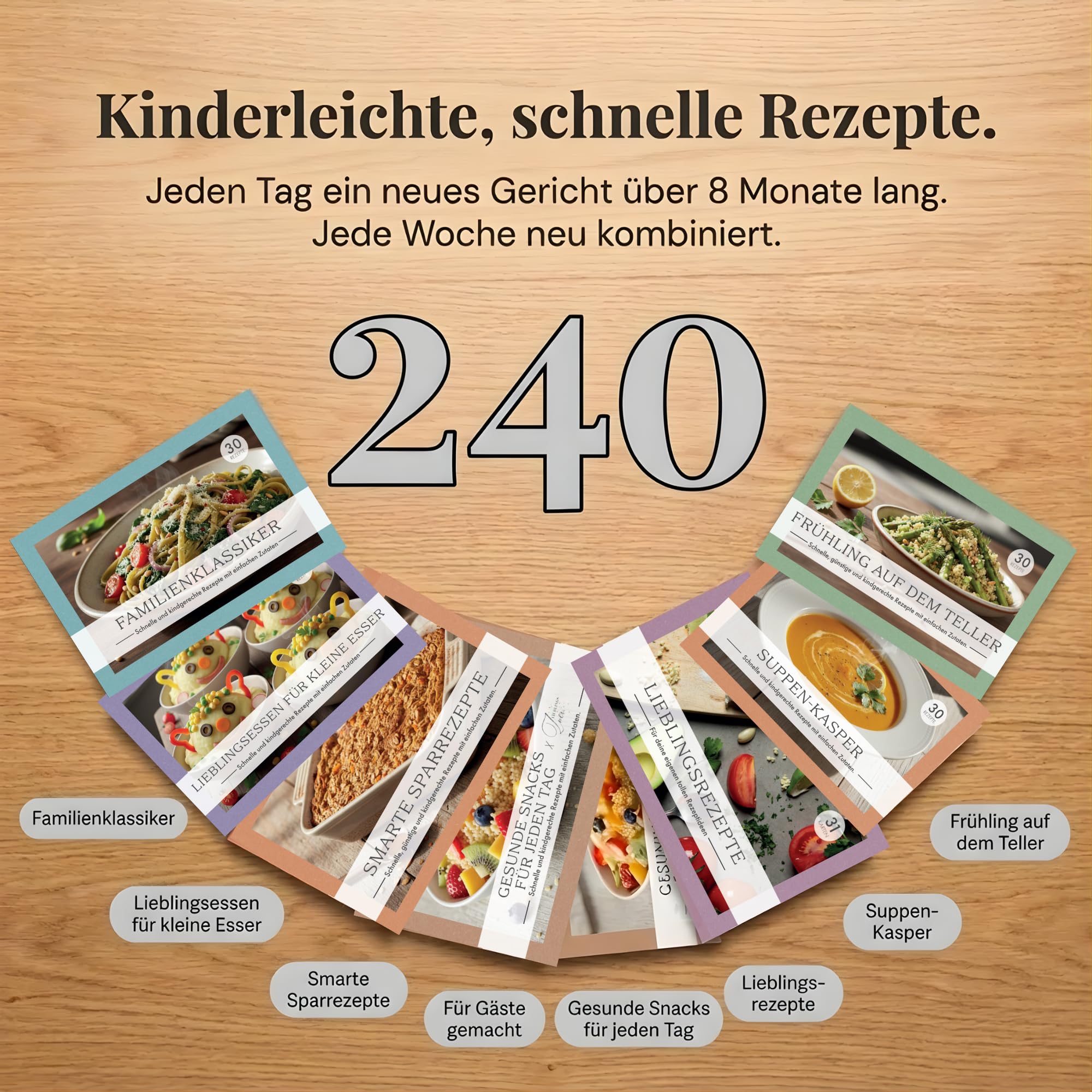 Unendlicher Speiseplan Profi Kit (Hellgrau) – Magnetischer Wochenplaner mit 8 Rezeptkarten-Sets (240 Rezepte) – Familien- & Kinder-Essensplaner mit Rückwand, Box & Schutzhülle – BPA-frei