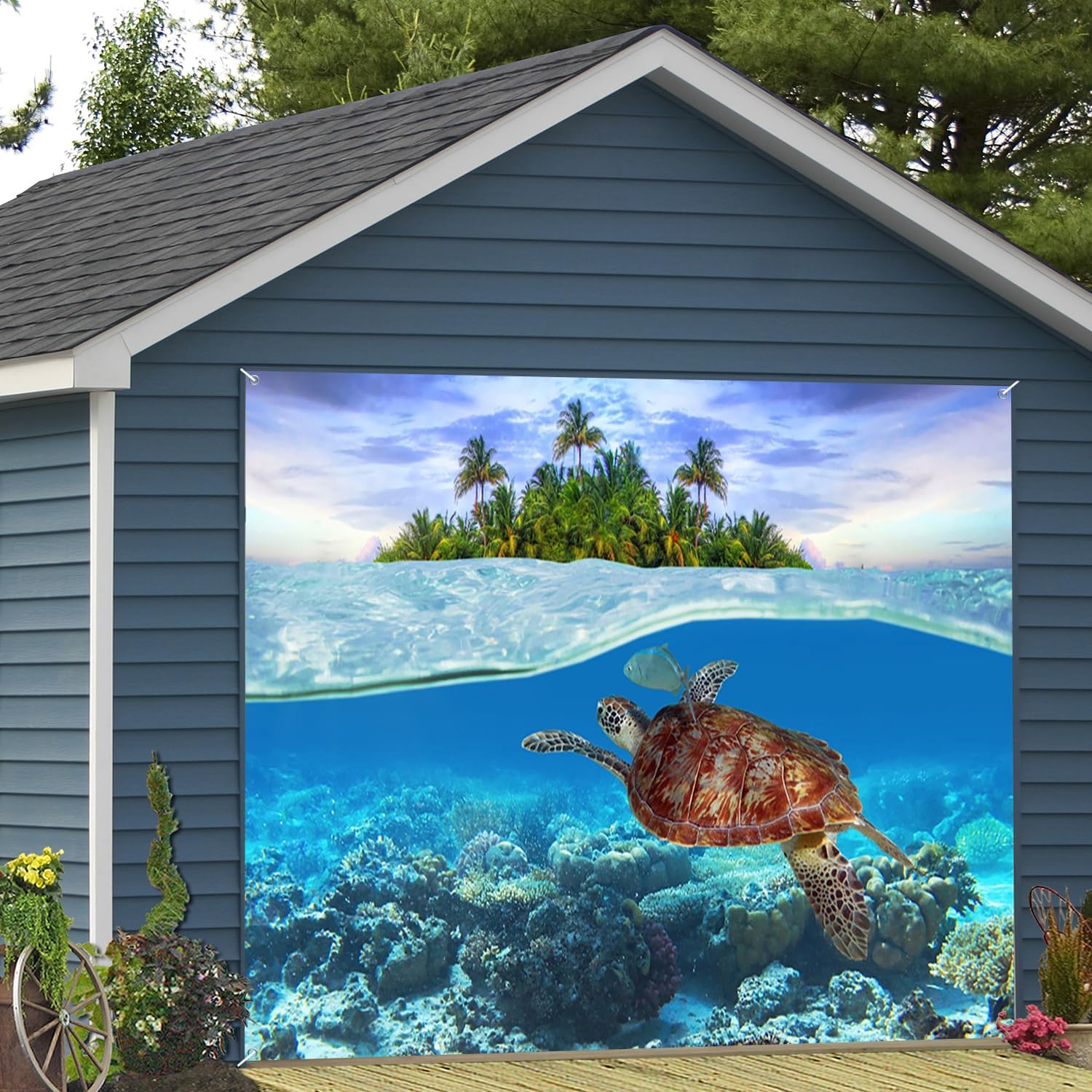 6x13ft Underwater Garage Door Decor Summer Wave Spirit Hawaii Ocean Fantasy Undersea Turtle Palm Tree Island Landscape Garage Decoration Seaside Vacation Themed Background Props