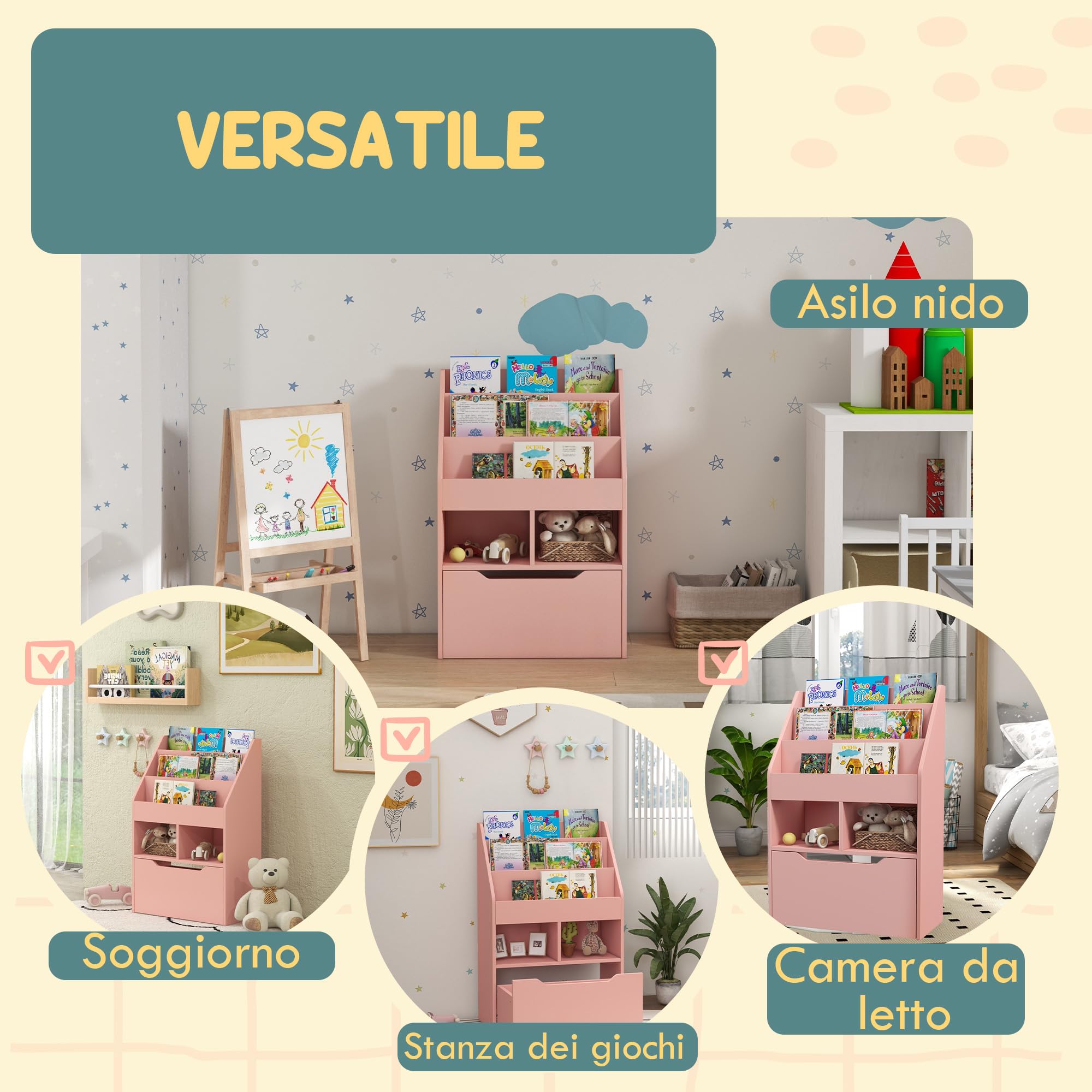 HOMCOM Piccola Libreria per Bambini con Ripiani, Cassetto e Ruote, Scaffale per Giocattoli e Libri in MDF per Cameretta, 60x29.9x90cm, Rosa