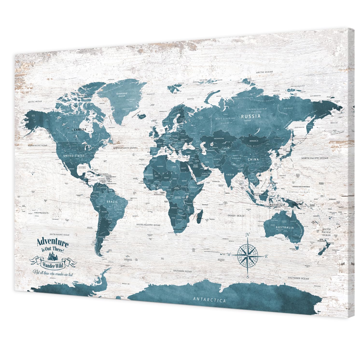 IPIC Antique Blue World Travel Map with Pins, World Map Pin Board, 36x24 in