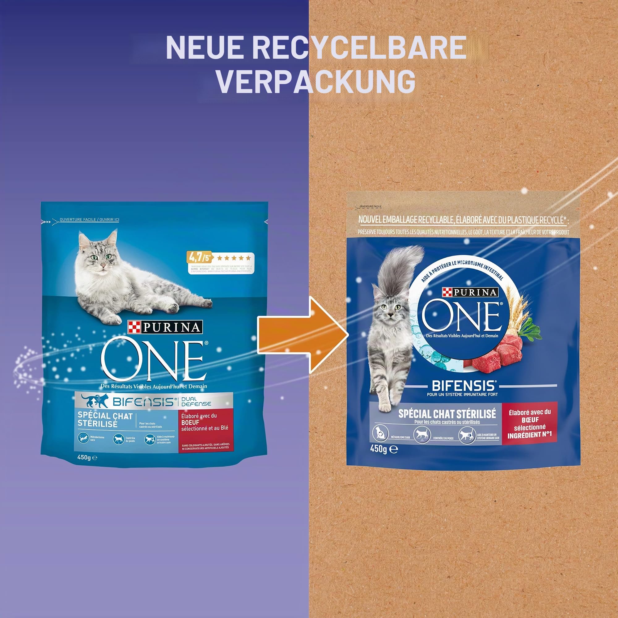 Futterkroketten für Katzen von Purina One, speziell für ausgewachsene Katzen, sterilisiert, Größe und Geschmack wählbar.