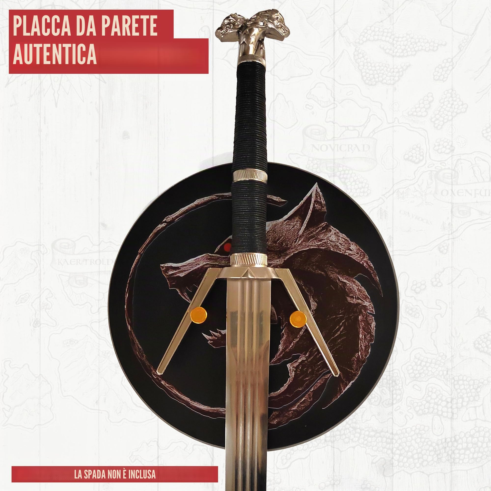 Witcher - Espositore da parete rotondo in legno per spada d'argento & spada d'acciaio di Geralt von Riva, supporto da parete decorativo per collezionisti, cosplay e appassionati di giochi e serie