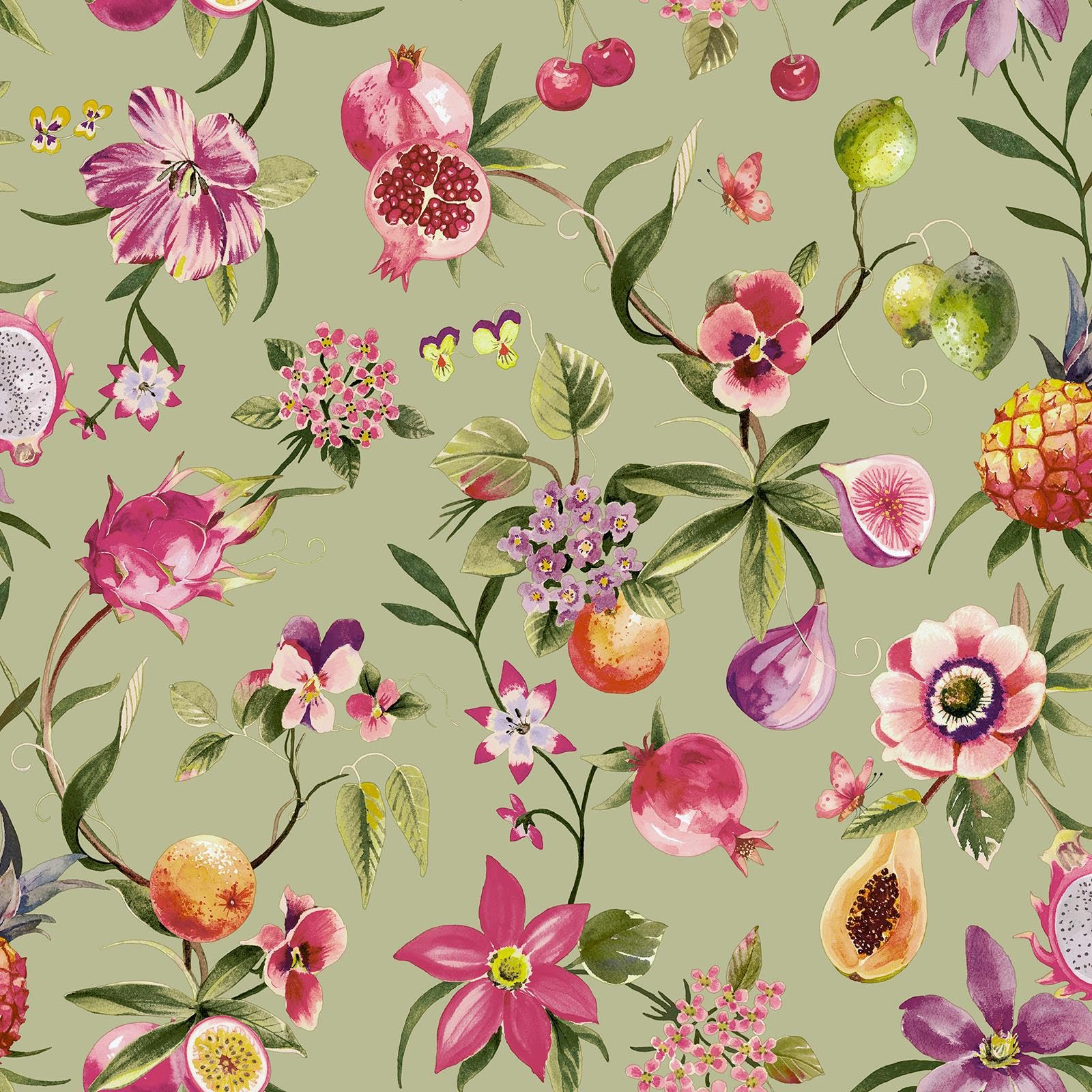 Holden Odyssey Floral Fruits Wallpaper - Soft Sage Green Botanical Orchard Pattern - Vintage Style Decor for Kitchen & Dining Room (14360)