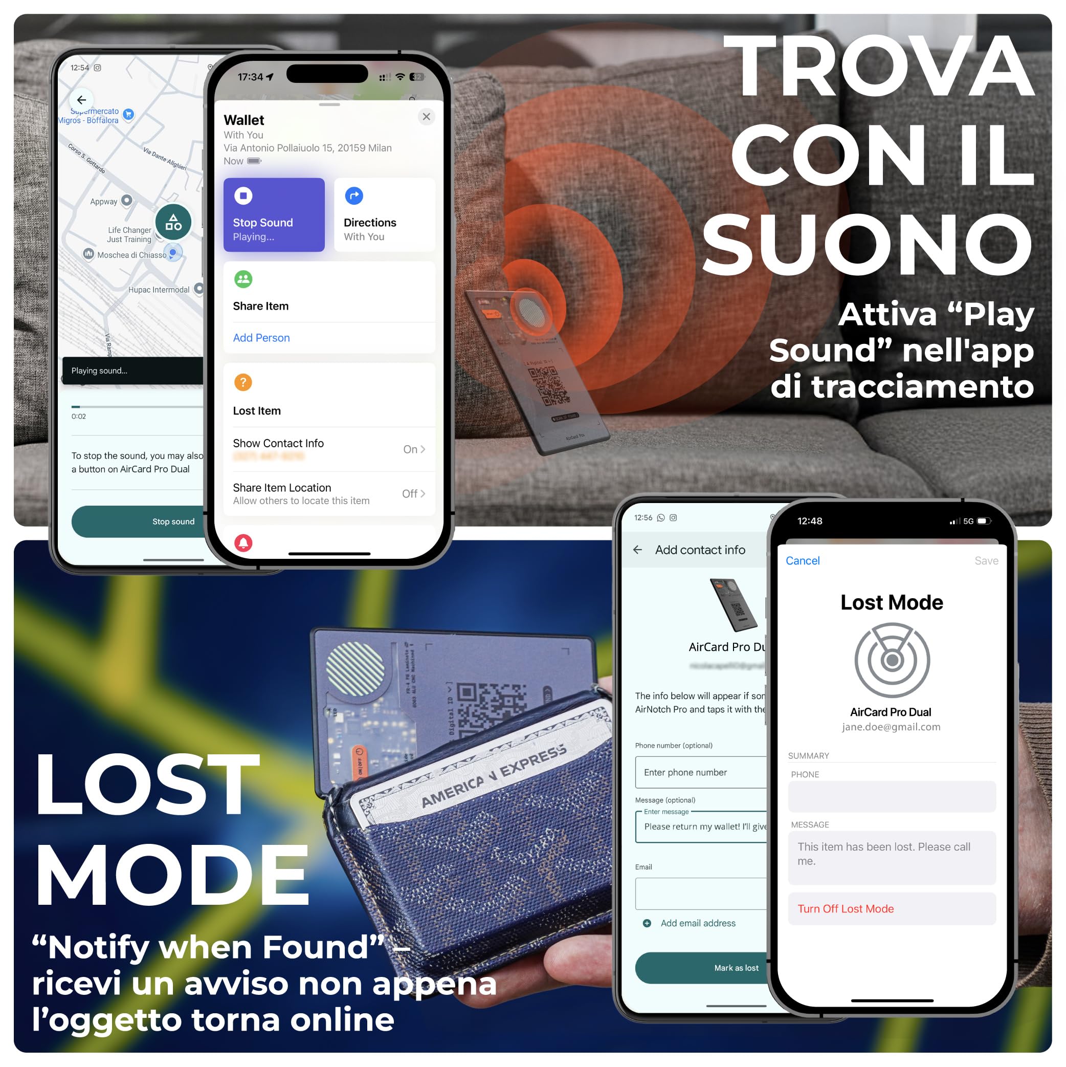 Rolling Square AirCard Pro Dual – Wallet Tracker Android e Apple, Localizzatore Bluetooth Compatibile con Apple Find My e Google Android Find Hub, Ricarica Wireless - Air Tracker Tag Card Grigio - 2pz