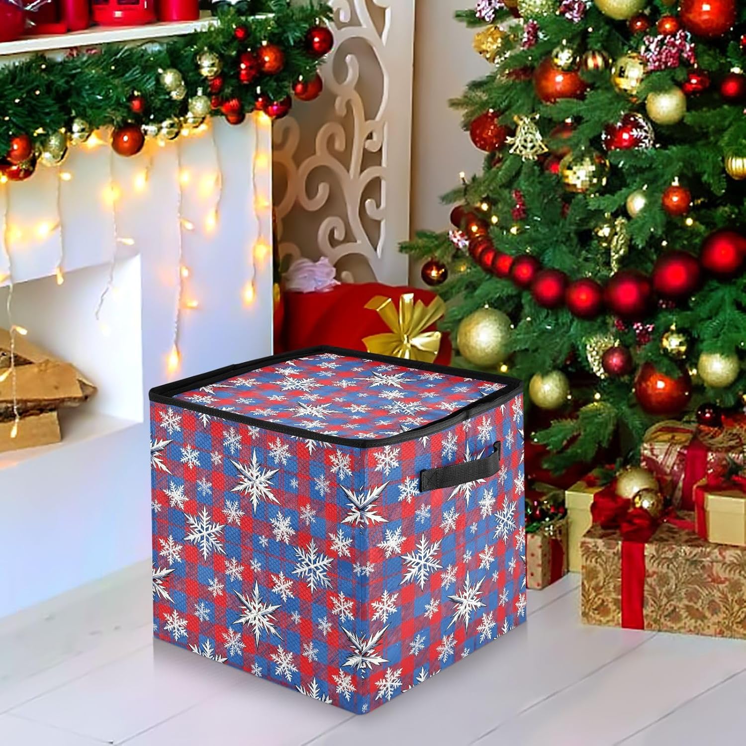 High Capacity Christmas Ornament Storage Box Holds Up to 64, Zippered Top foldable Holiday Storage Case with Lid,Christmas Red and Blue Plaid White Snowflakes