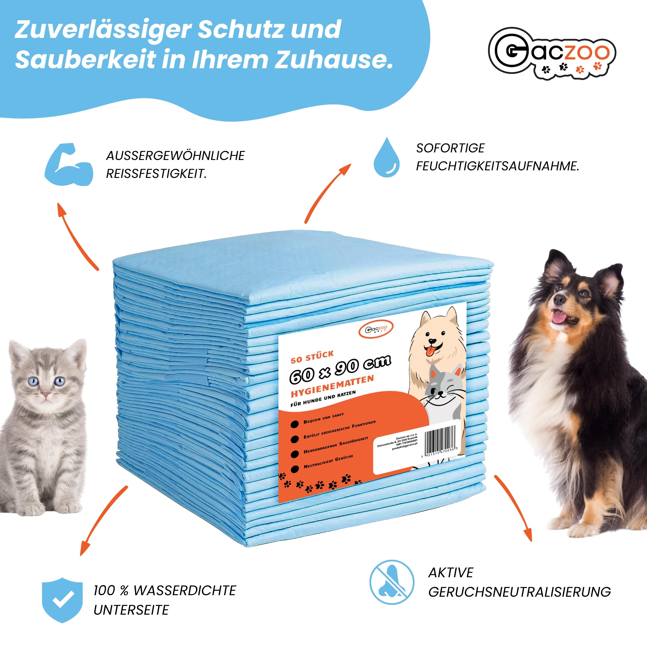 Pipi Matten für Hunde und Katzen - 60x90cm - Welpen unterlagen - Einweg Trainingspads, mit Gel-Absorber, Auslaufsicher, Weich & Geruchshemmend - Aufgenommene Flüssigkeitsmenge 350ml, 50 Stück