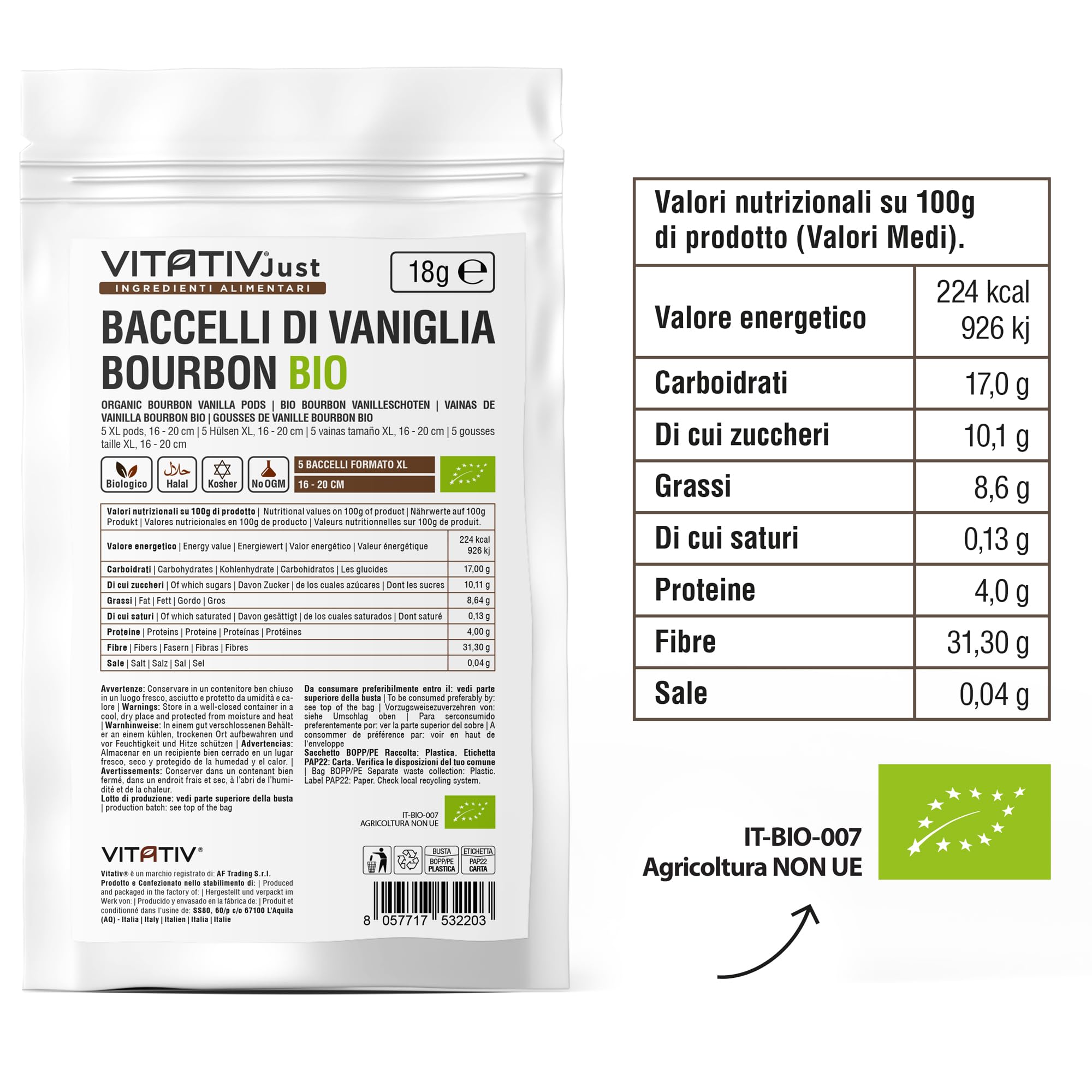 Baccelli di Vaniglia Bourbon BIO 5 pezzi XL 16-20 cm del Madagascar da Agricoltura Biologica - Prima Qualità - VITATIV - 18gr